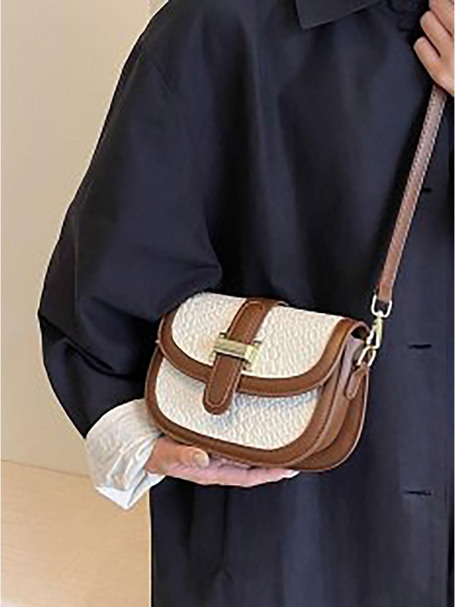 womens off white belted flap design textured sling bag