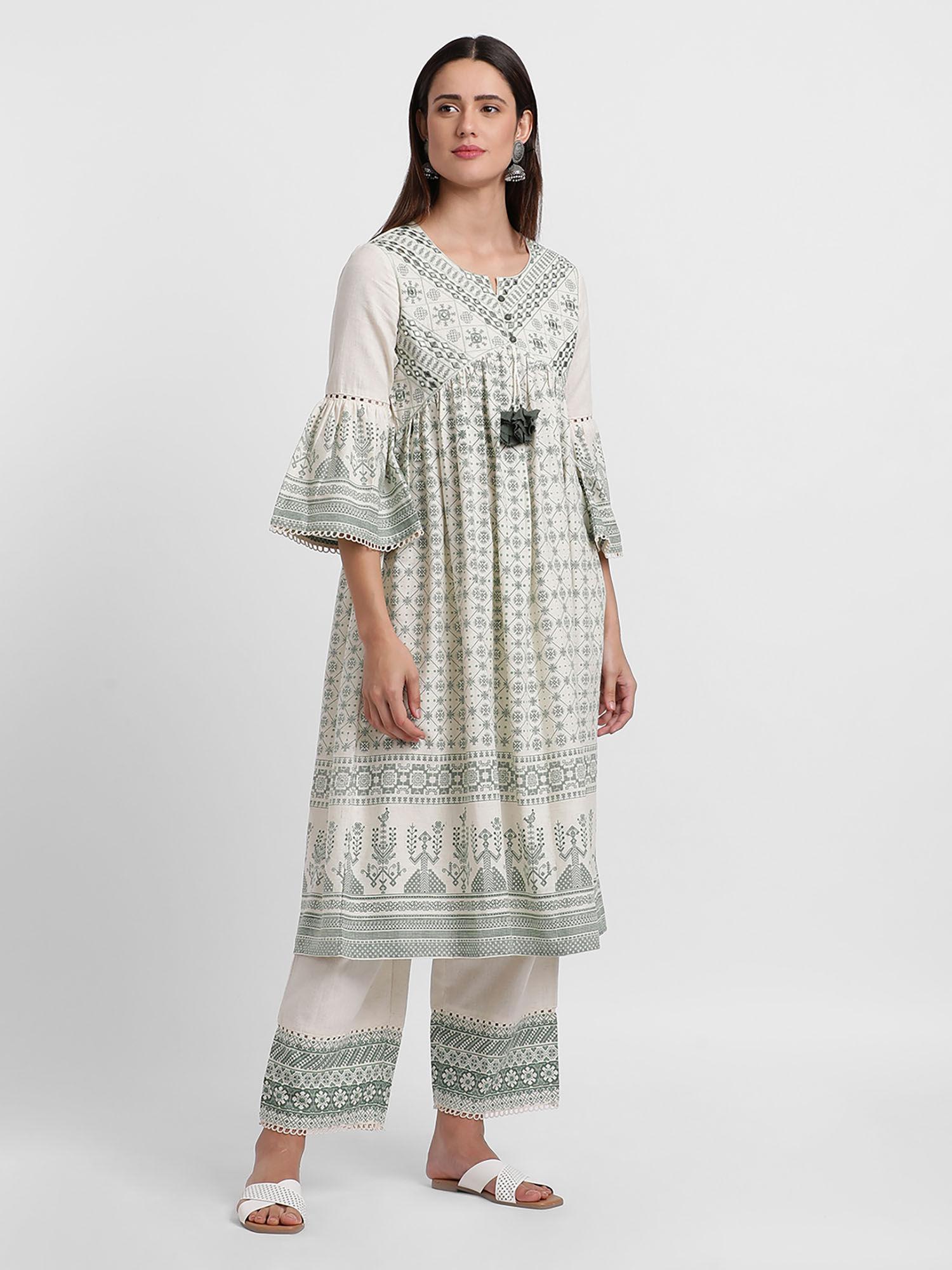 womens off white cotton printed kurta