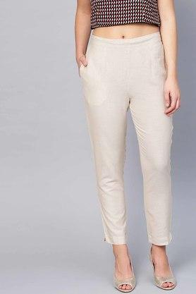 womens off white cotton solid straight pants with side pocket - off white