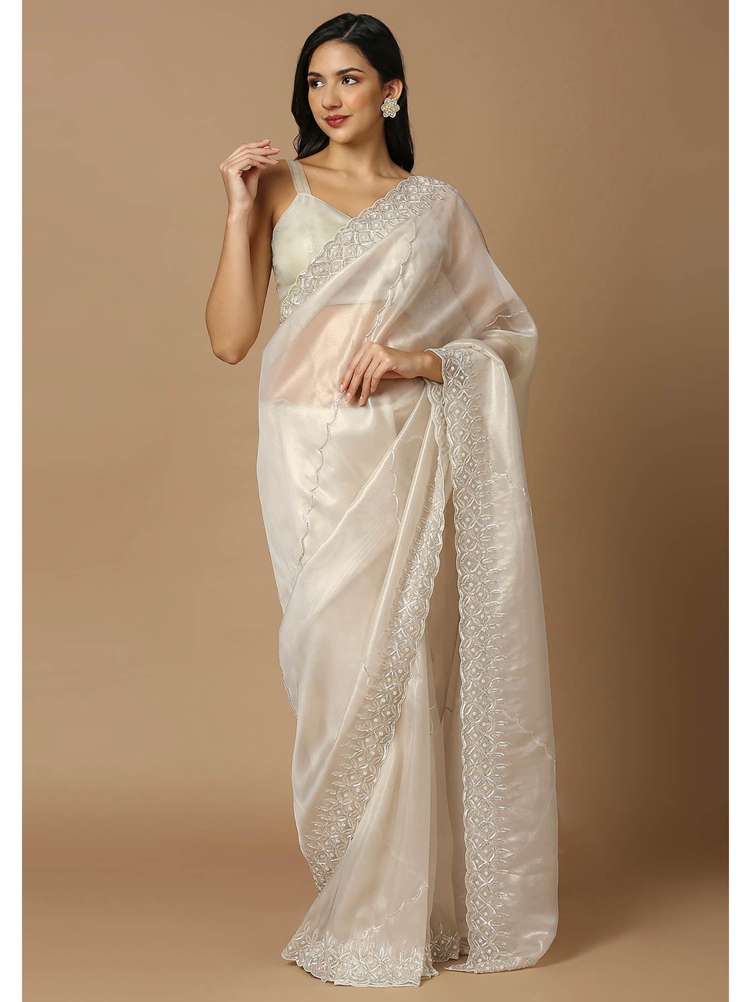 womens off white embroidered saree without blouse
