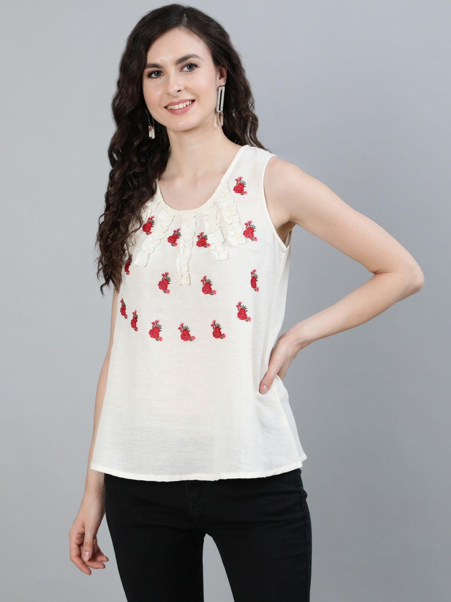 womens off white floral embroidered a-line top