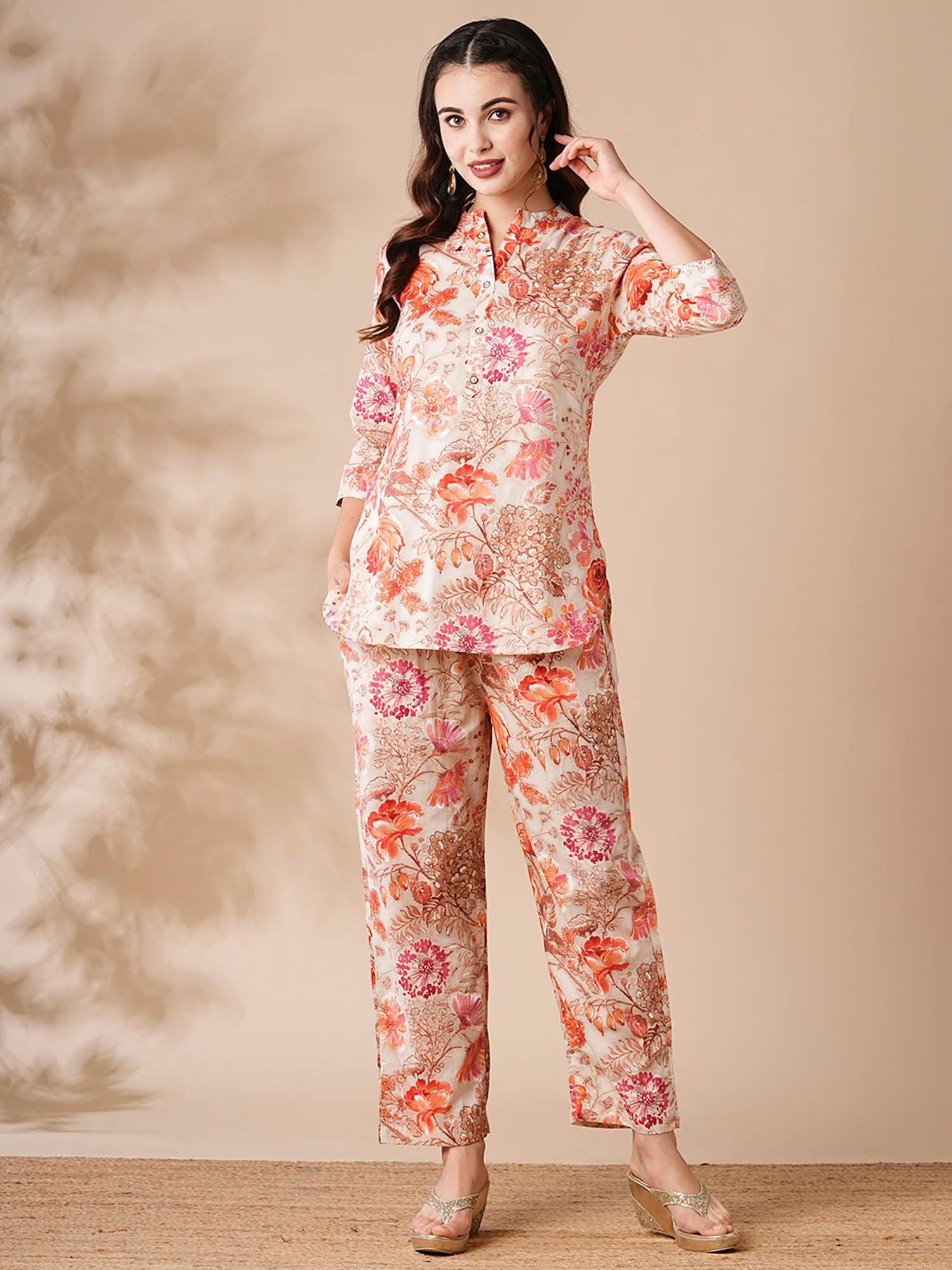 womens off white floral printed buttoned co-ord (set of 2)