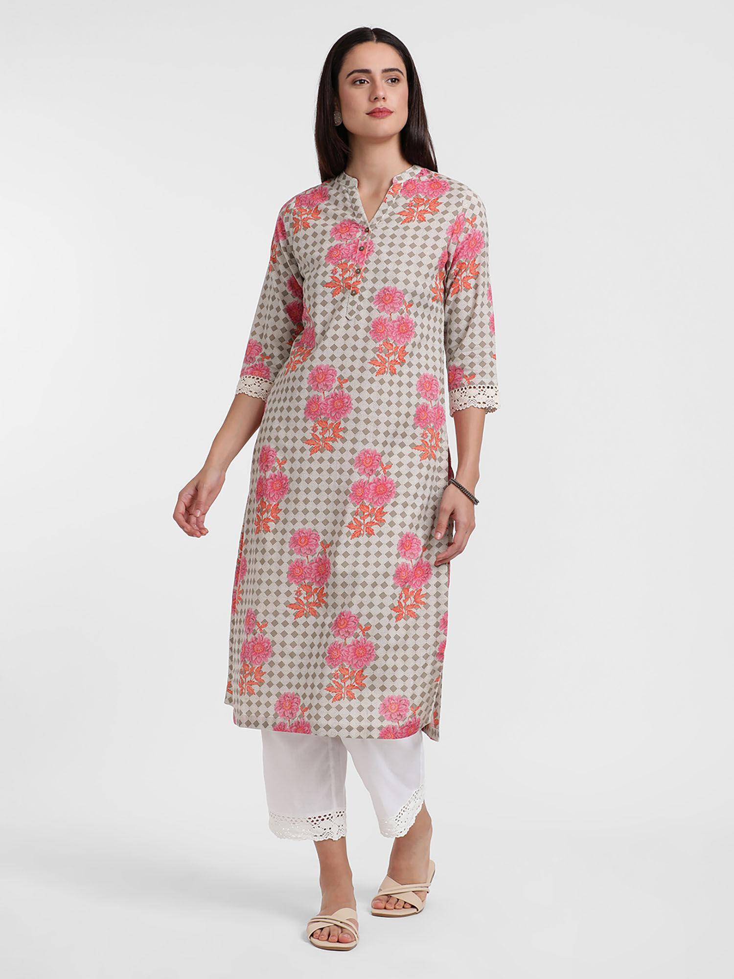 womens off white floral printed cotton a-line kurta