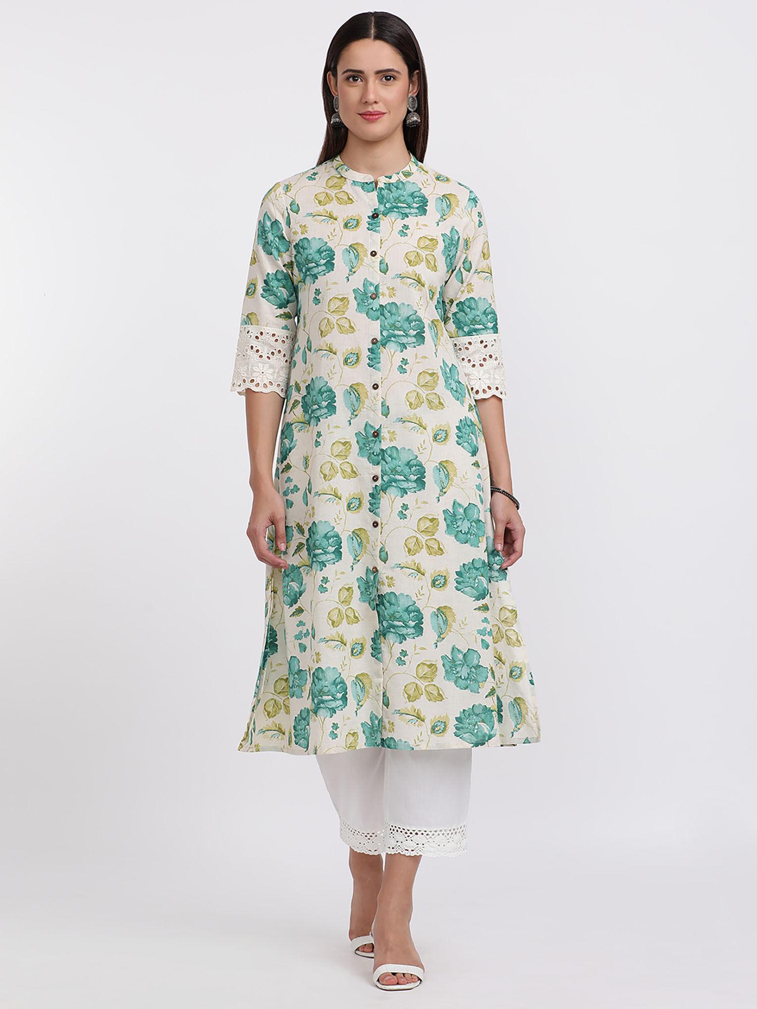 womens off white floral printed cotton a-line kurta