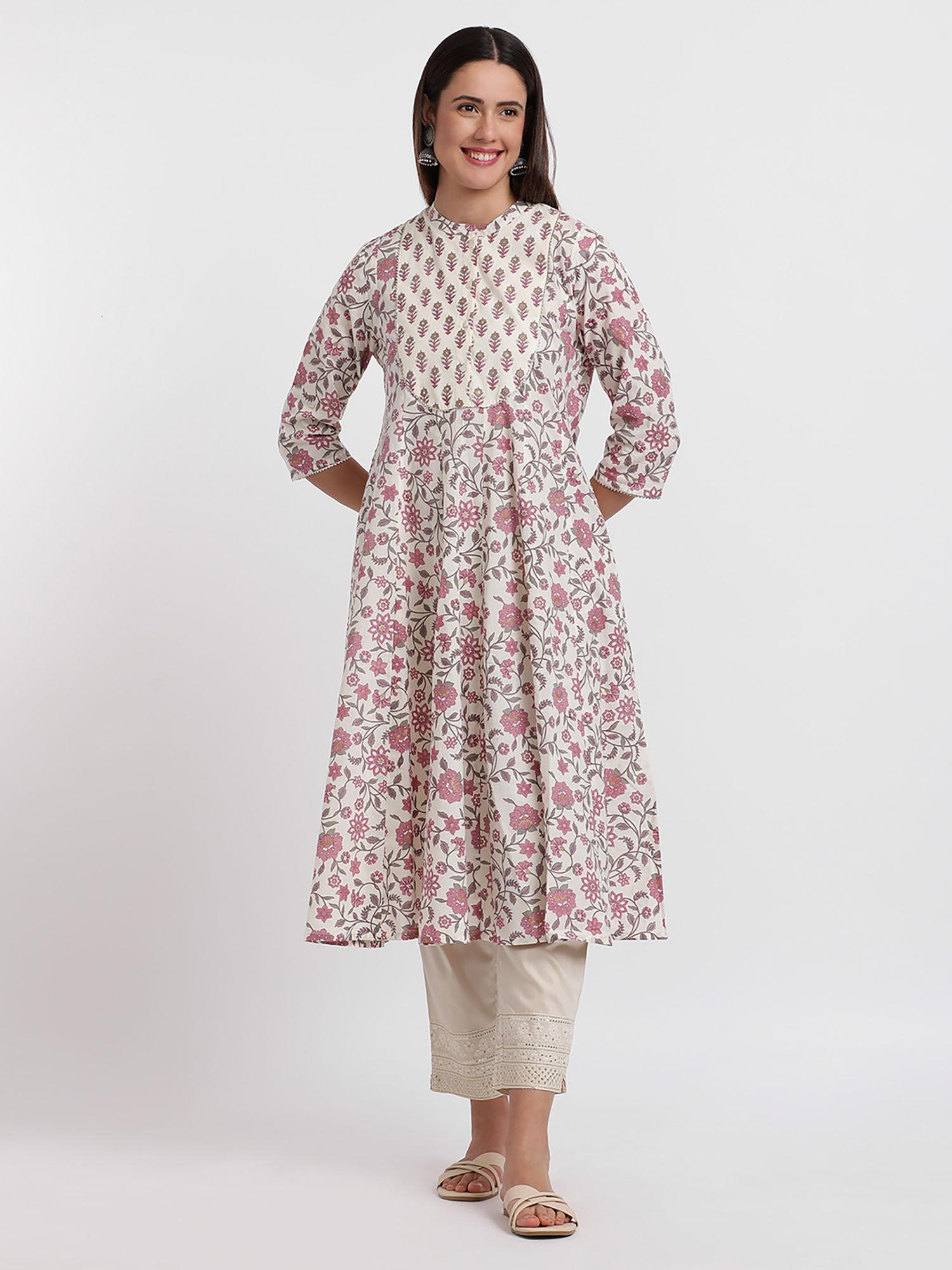 womens off white floral printed cotton kurta