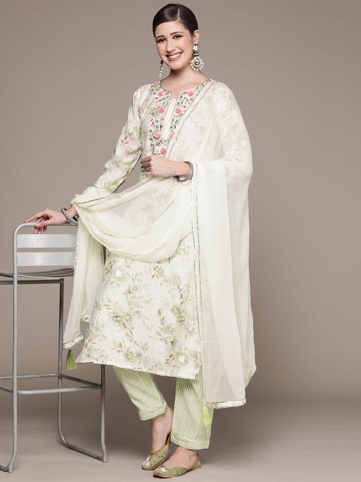 womens off white gotta embroidered a-line kurta with trouser & dupatta (set of 3)