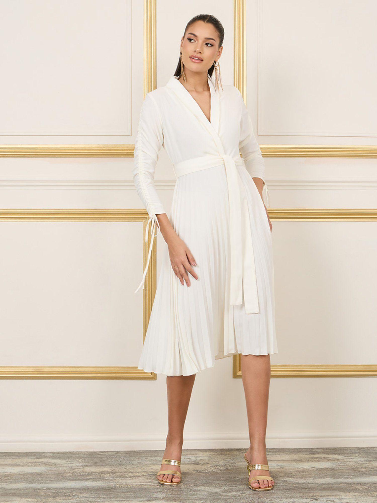 womens off-white lapel collar wrap tie up pleated midi dress with belt (set of 2)