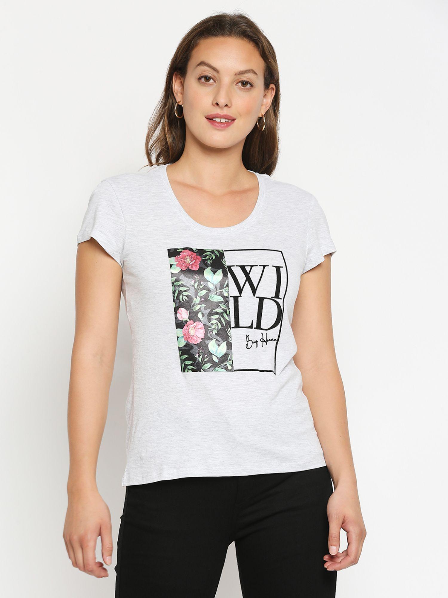 womens off white printed round neck t-shirt