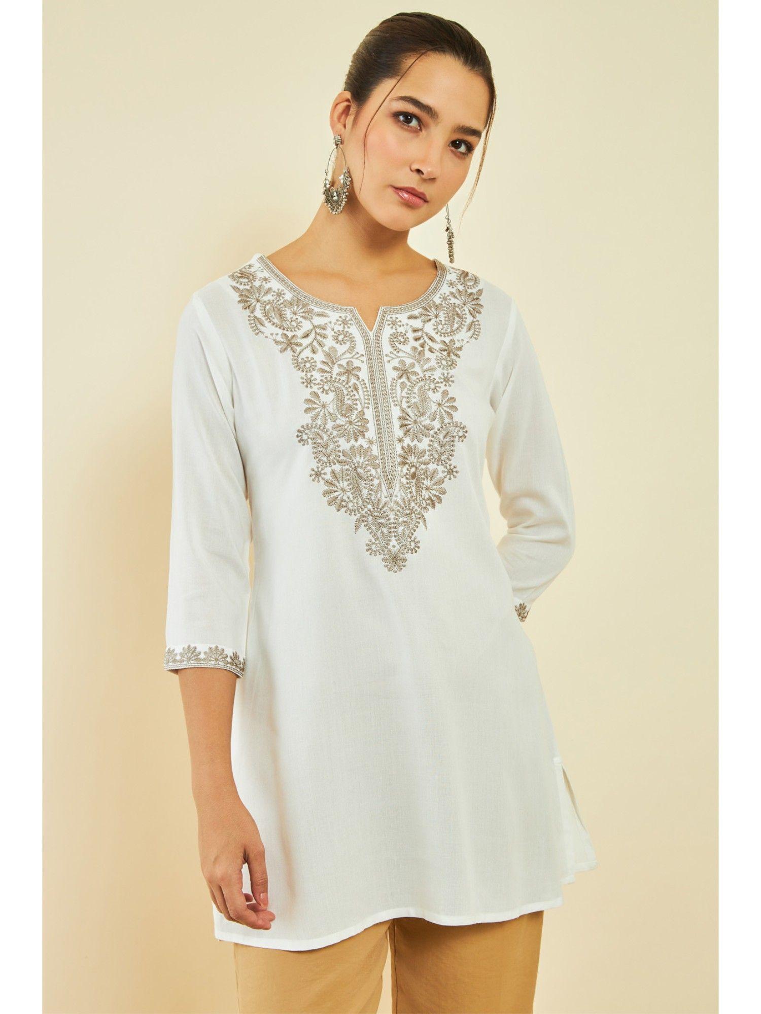 womens off white rayon embroidered tunic with thread work