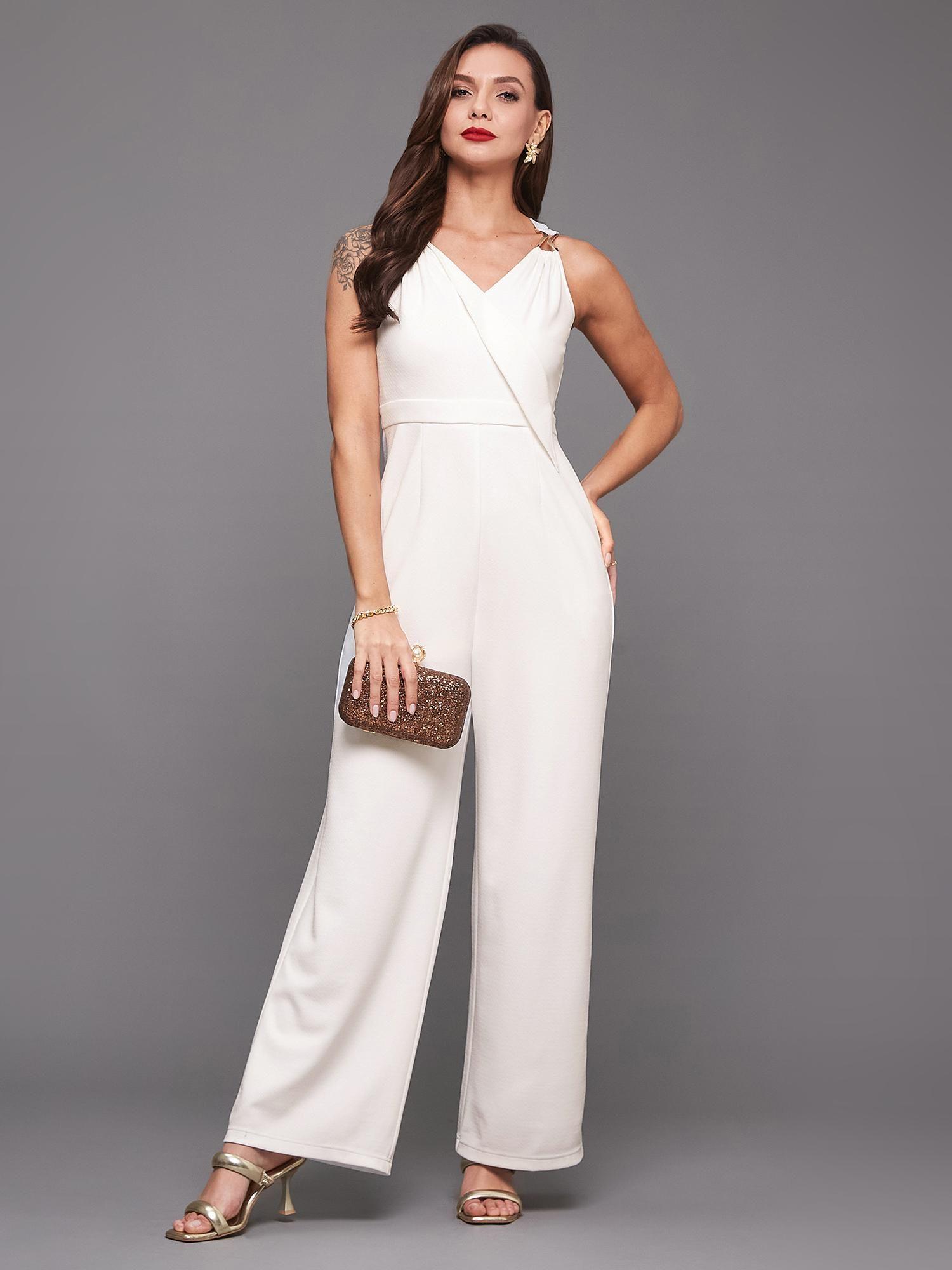 womens off-white v-neck sleeveless solid wrap polyester jumpsuit