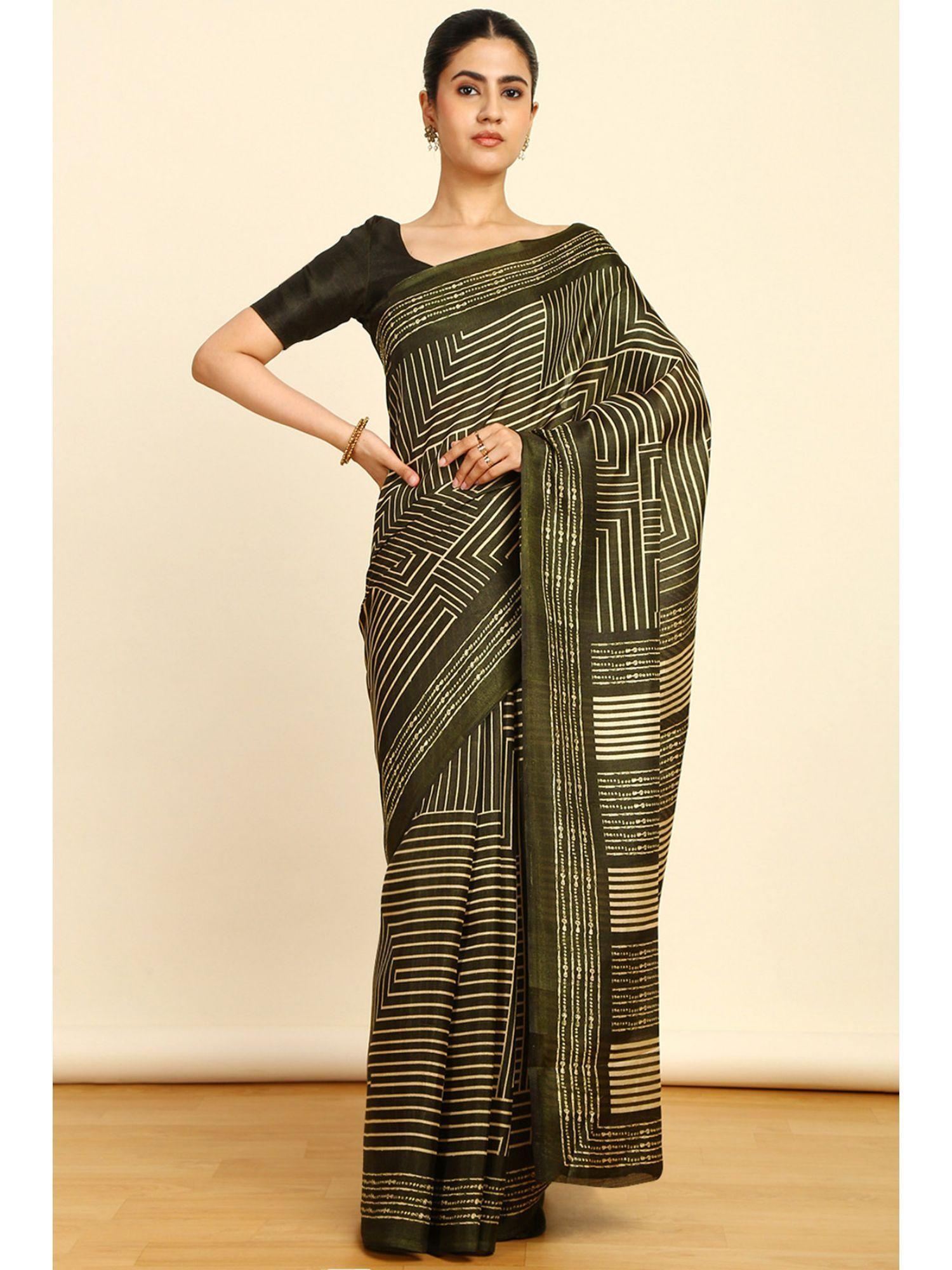 womens olive art silk geometric print saree with unstitched blouse