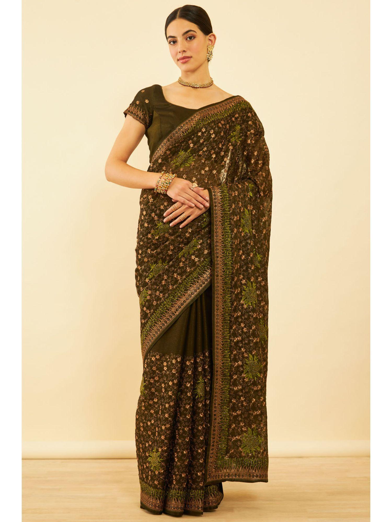 womens olive chiffon embroidered saree with unstitched blouse