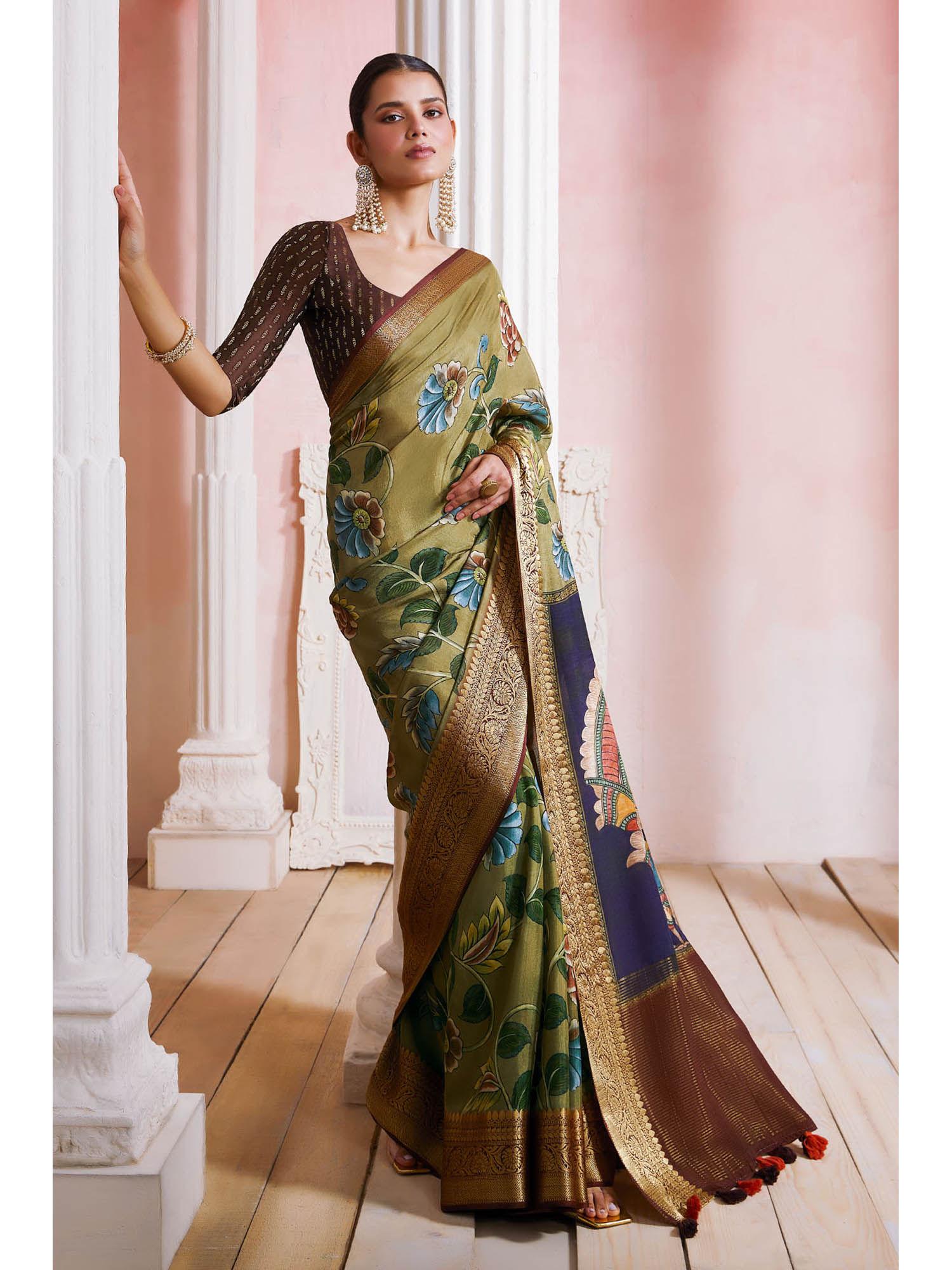 womens olive crepe floral kalamkari print zari border saree with unstitched blouse