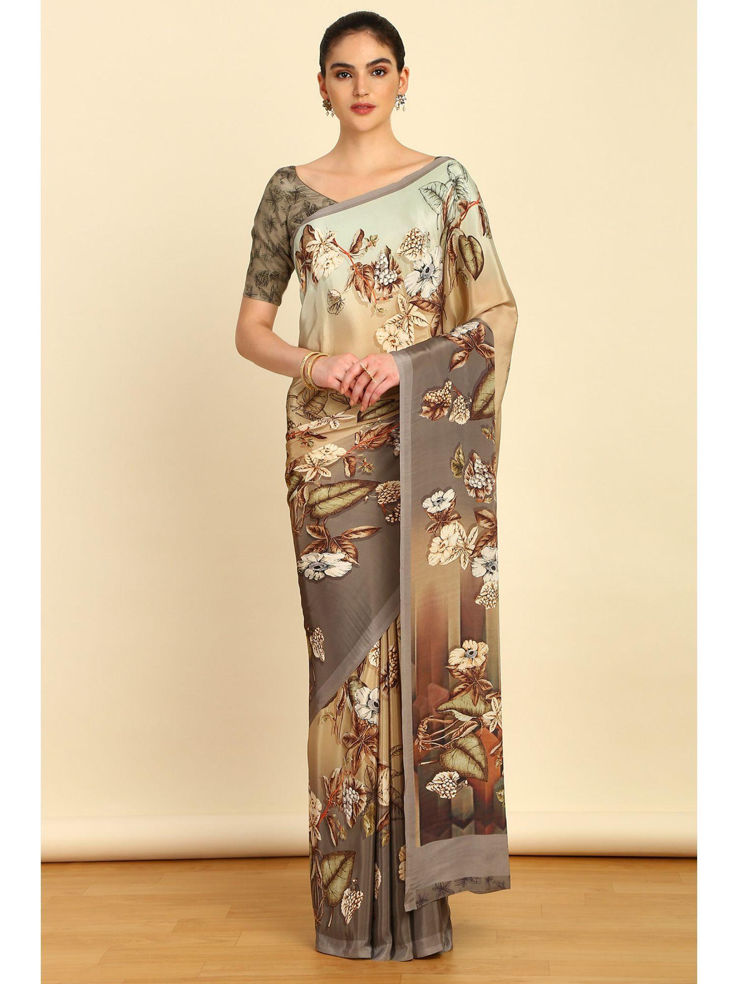 womens olive crepe floral print saree with unstitched blouse