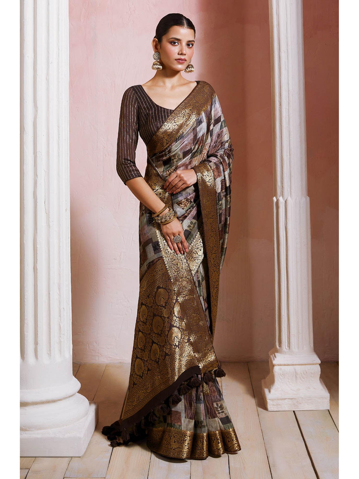 womens olive crepe geometric print zari border saree with unstitched blouse