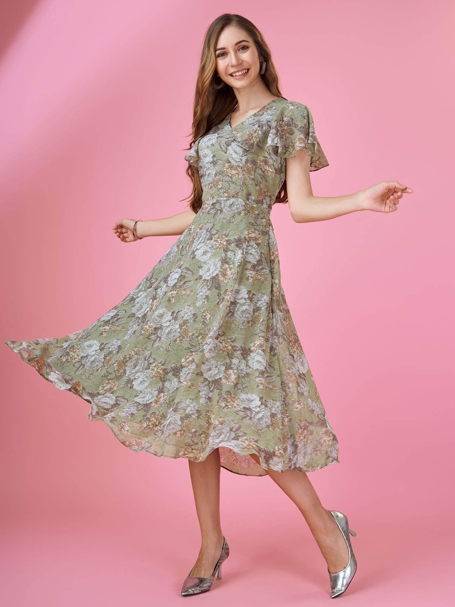 womens olive georgette floral printed empire dress with ruffles