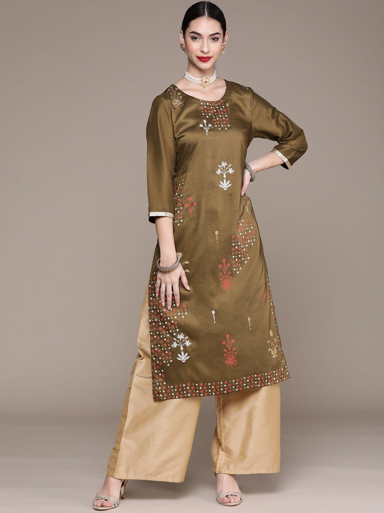 womens olive green chinon straight kurta