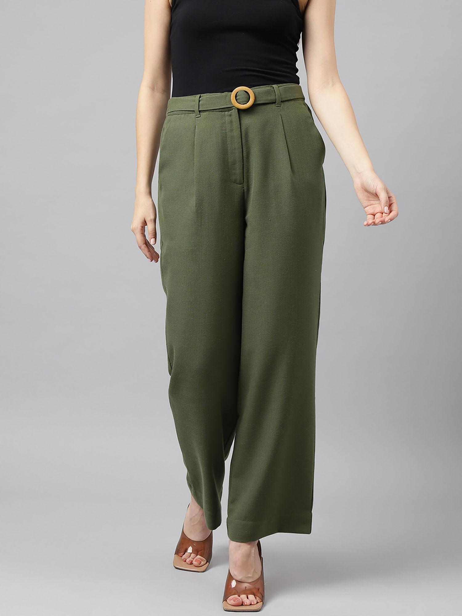 womens olive green solid casual pant with belt (set of 2)