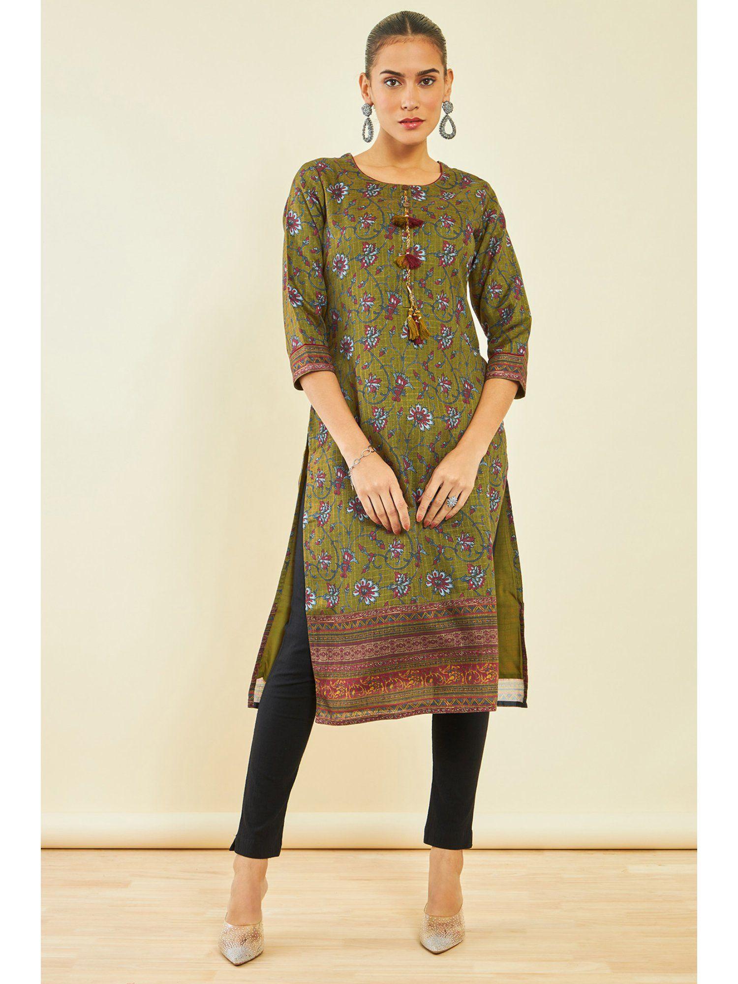 womens olive polyester kurta with kalamkari print