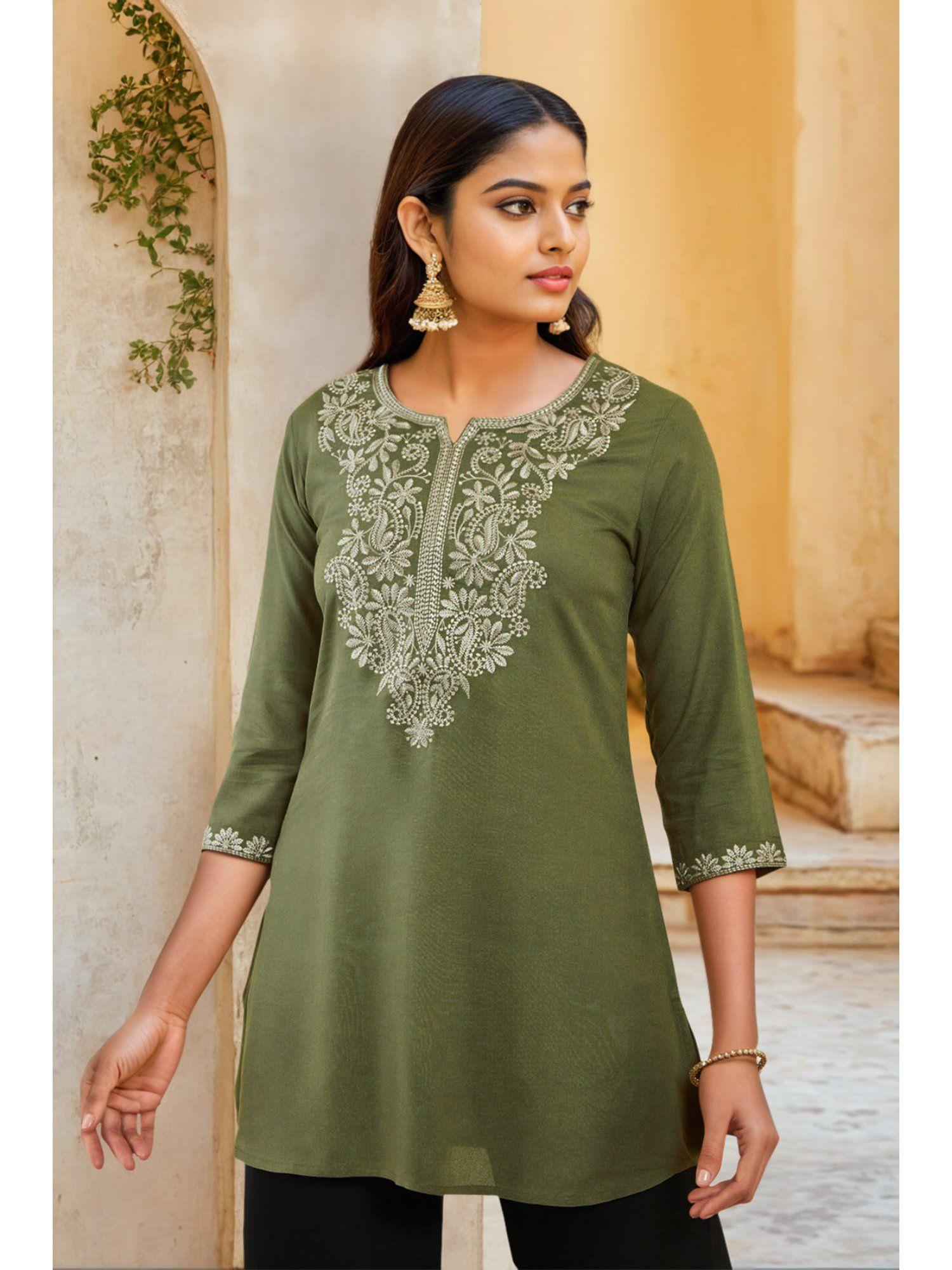 womens olive rayon embroidered tunic with thread work