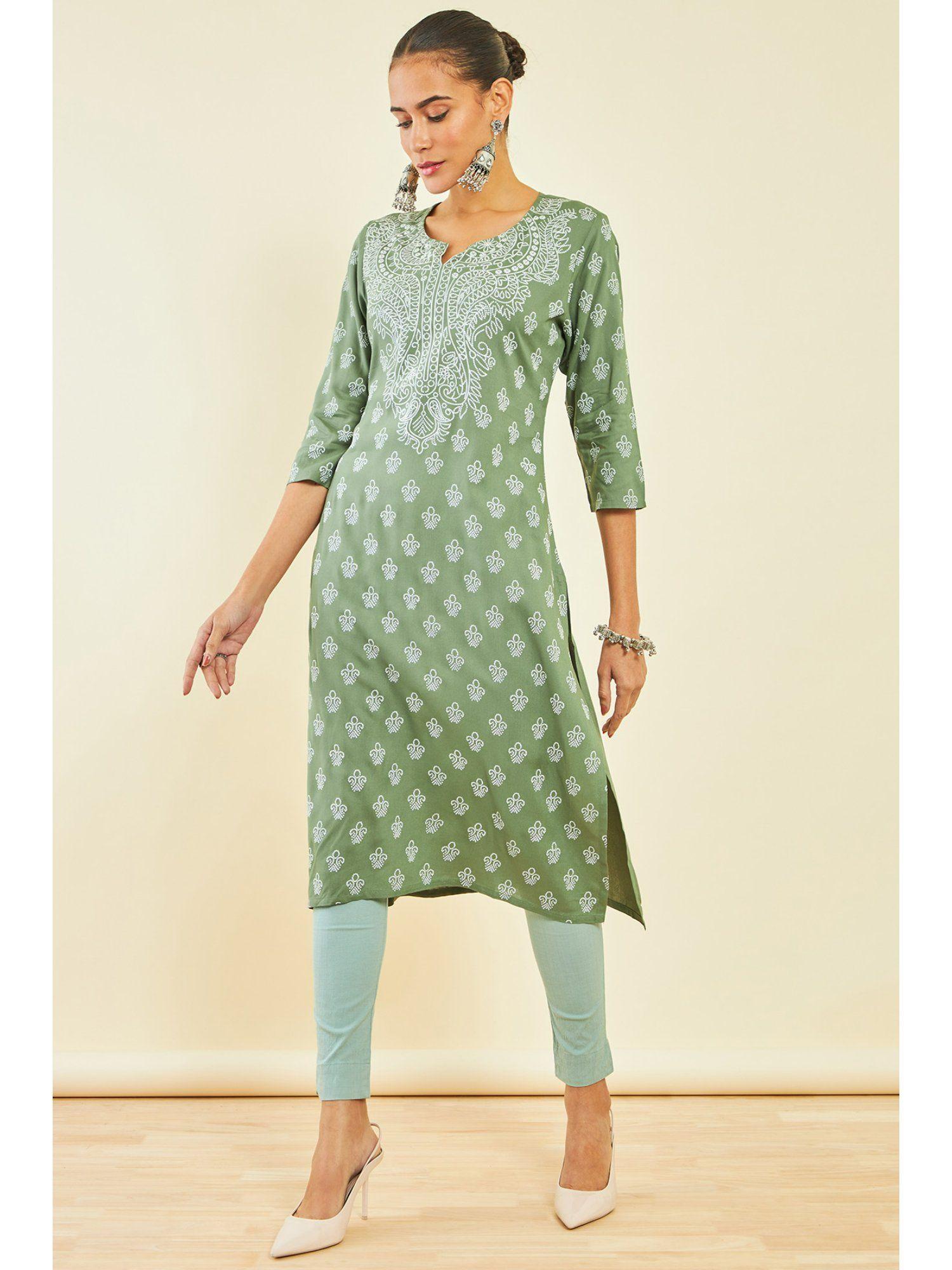 womens olive rayon kurta with ethnic print