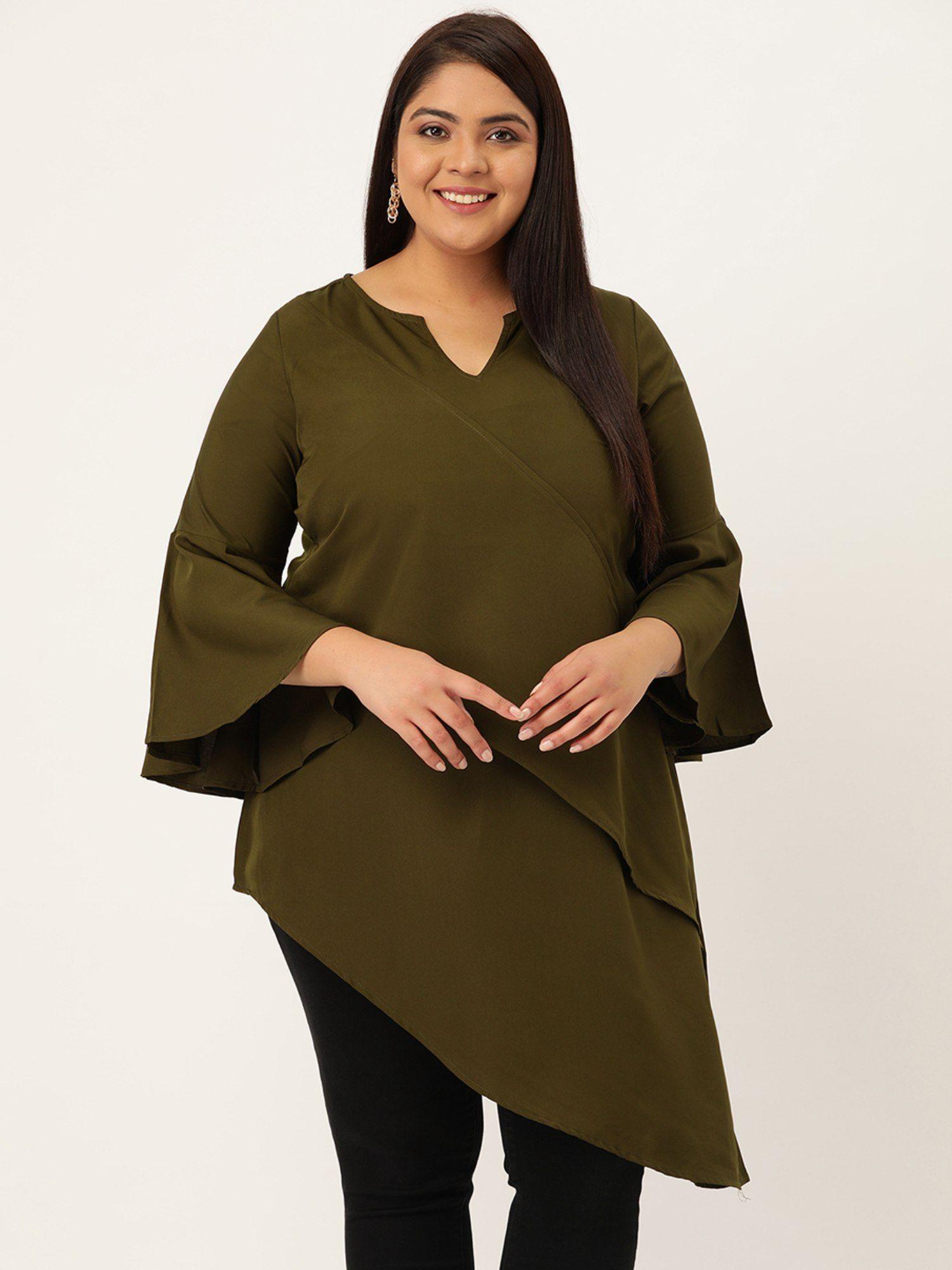 womens olive solid color longline layered top