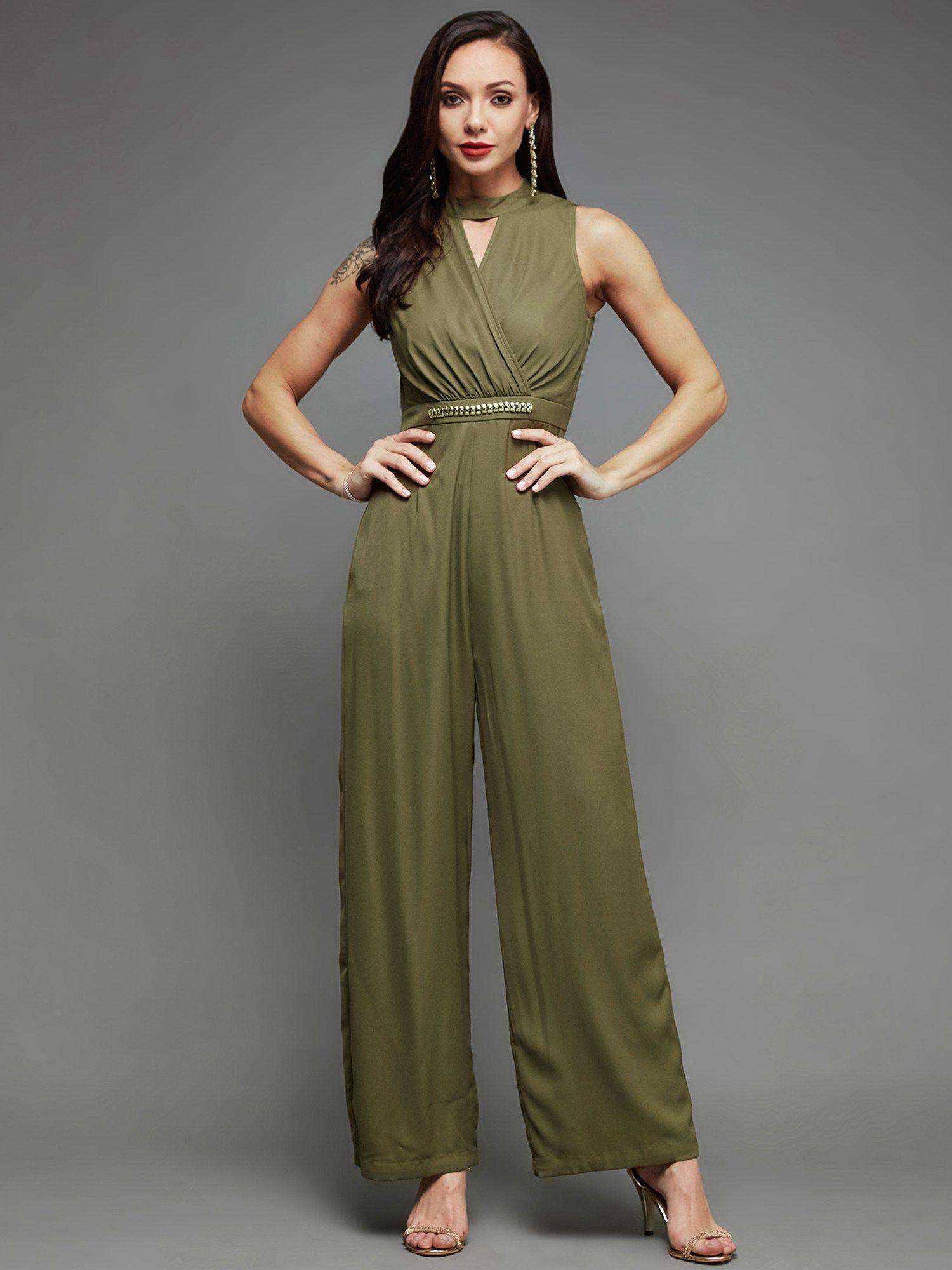 womens olive solid sleeveless wrap jumpsuit