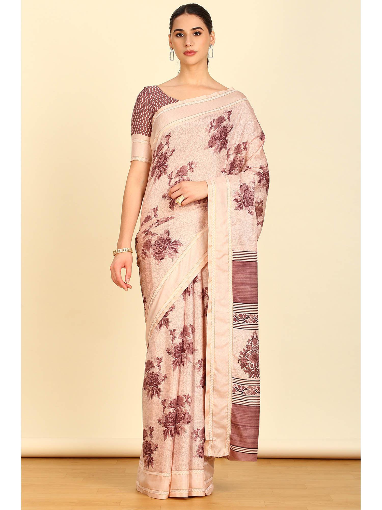 womens onion beige synthetic floral print saree with unstitched blouse