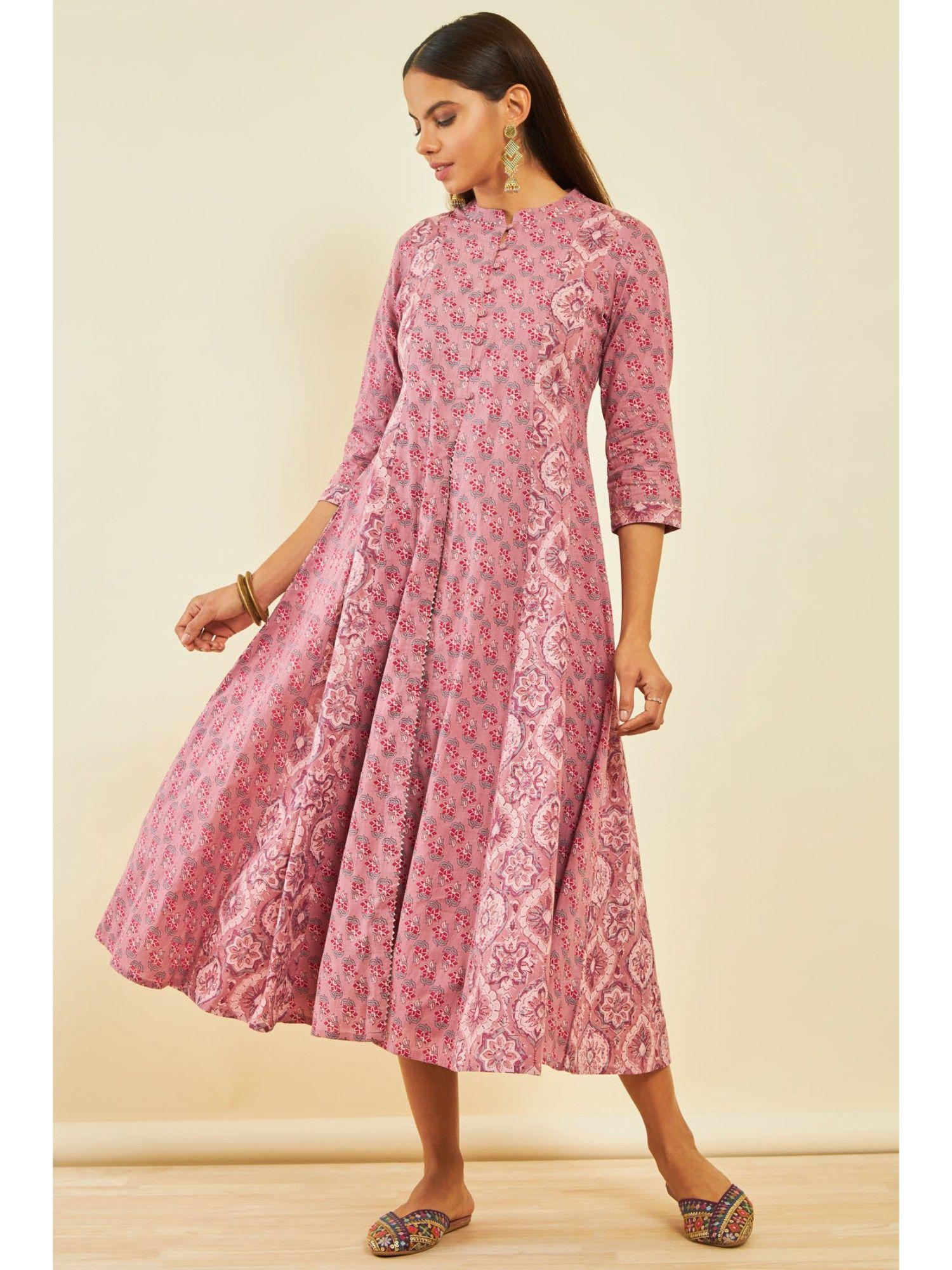 womens onion pink cotton floral print midi dress with gotta patti