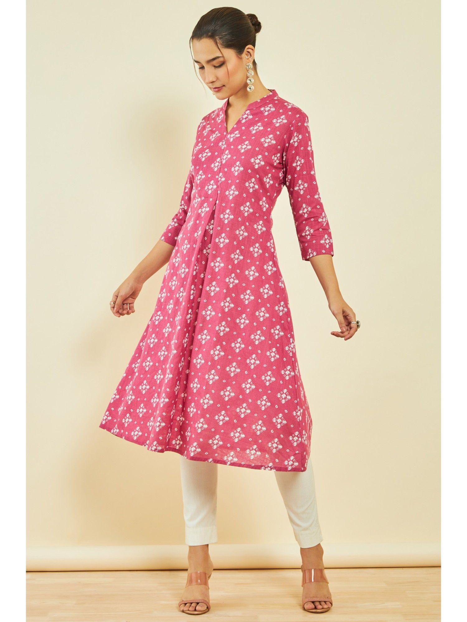 womens onion pink cotton slub bandhani print kurta