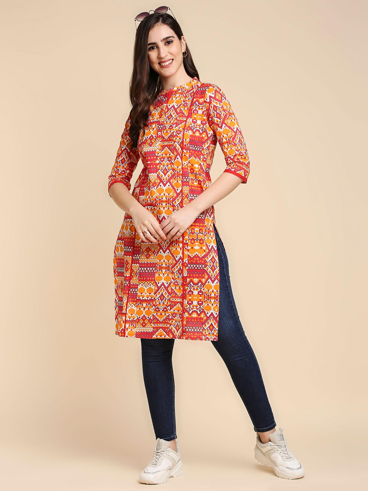 womens orange & pink printed straight kurta