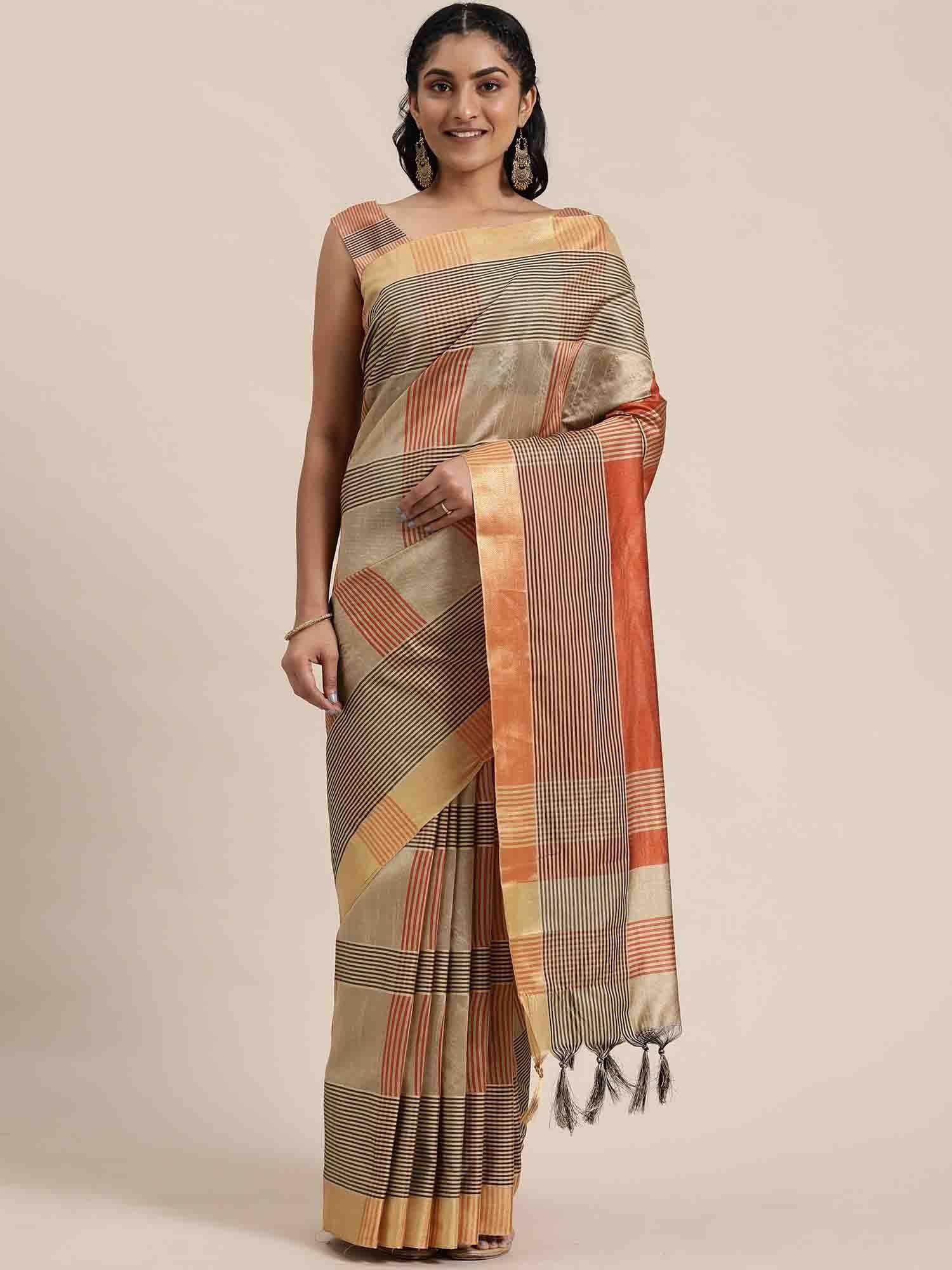 womens orange and beige cotton silk woven traditional saree with unstitched blouse