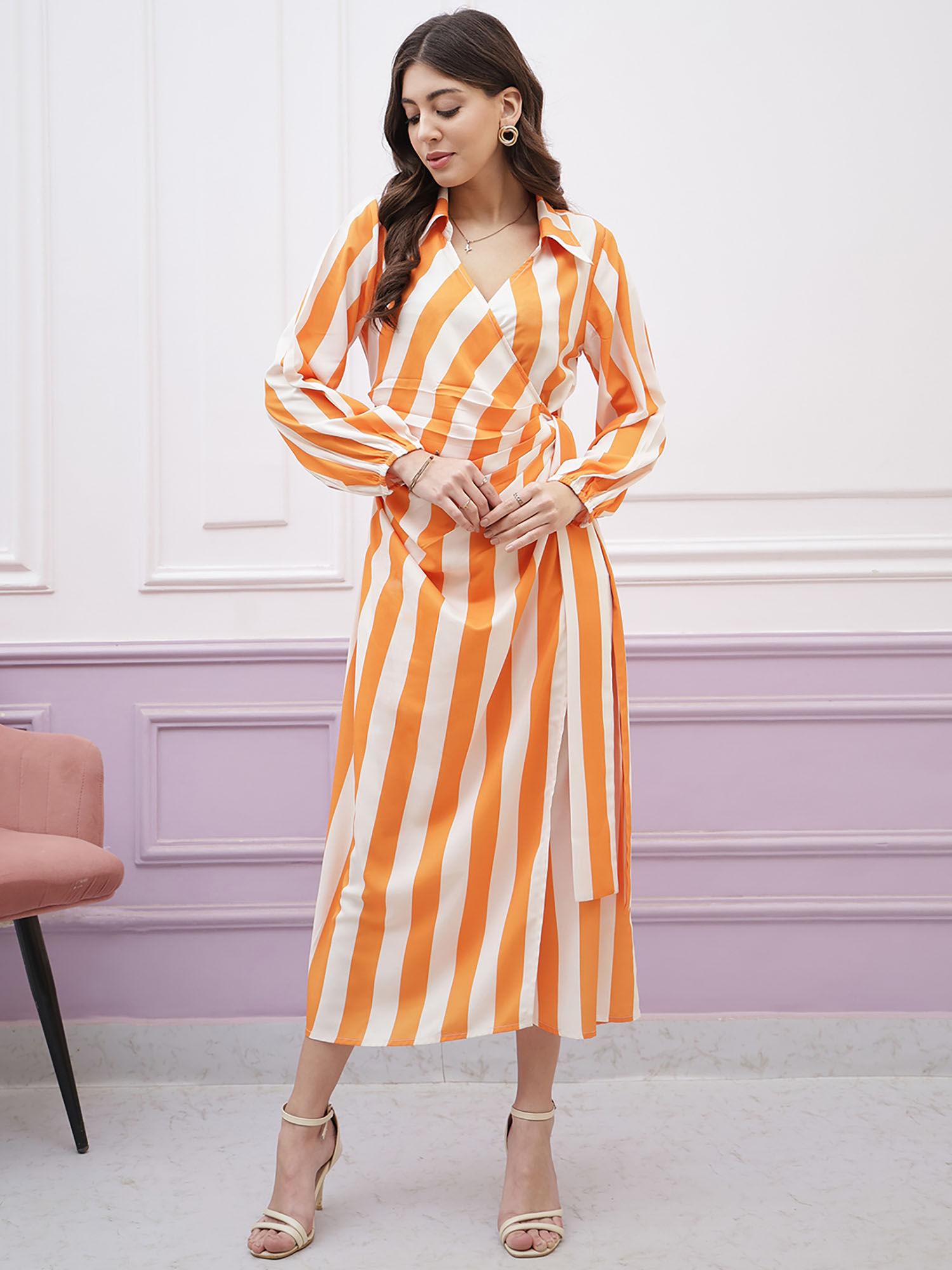 womens orange and white striped shirt collar tie-ups wrap midi dress