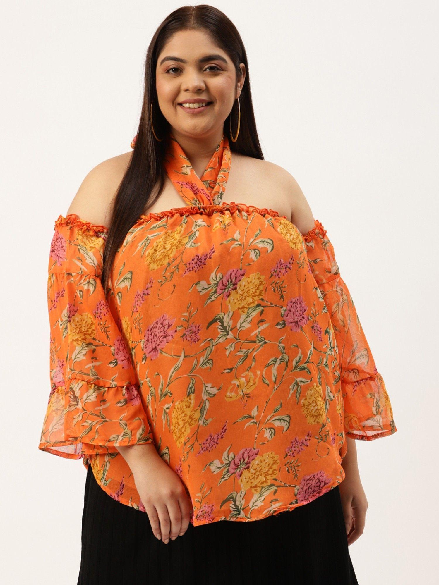 womens orange andgreen floral print georgette top