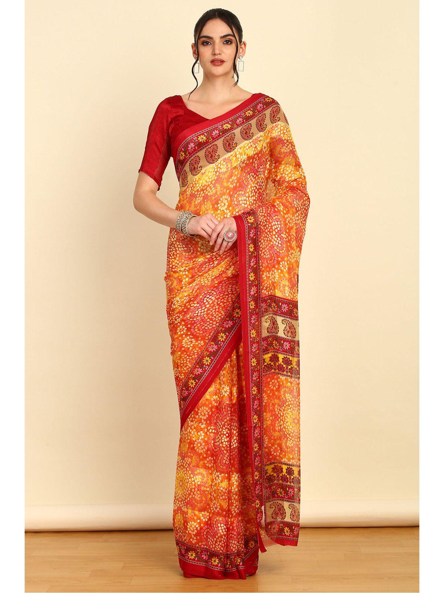 womens orange chiffon bandhani print saree with unstitched blouse