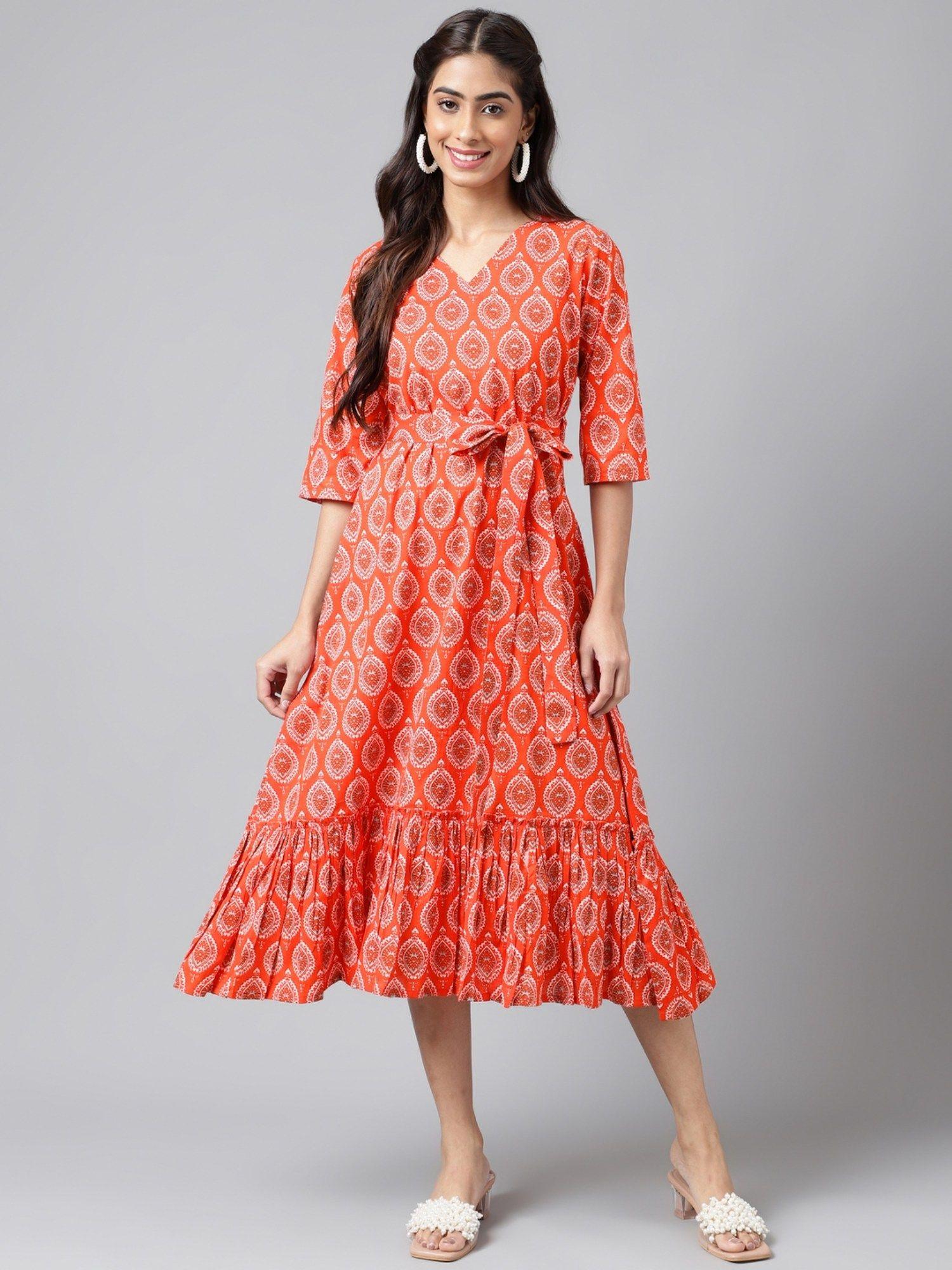 womens orange cotton ethnic motifs printed ruffled dress (set of 2)