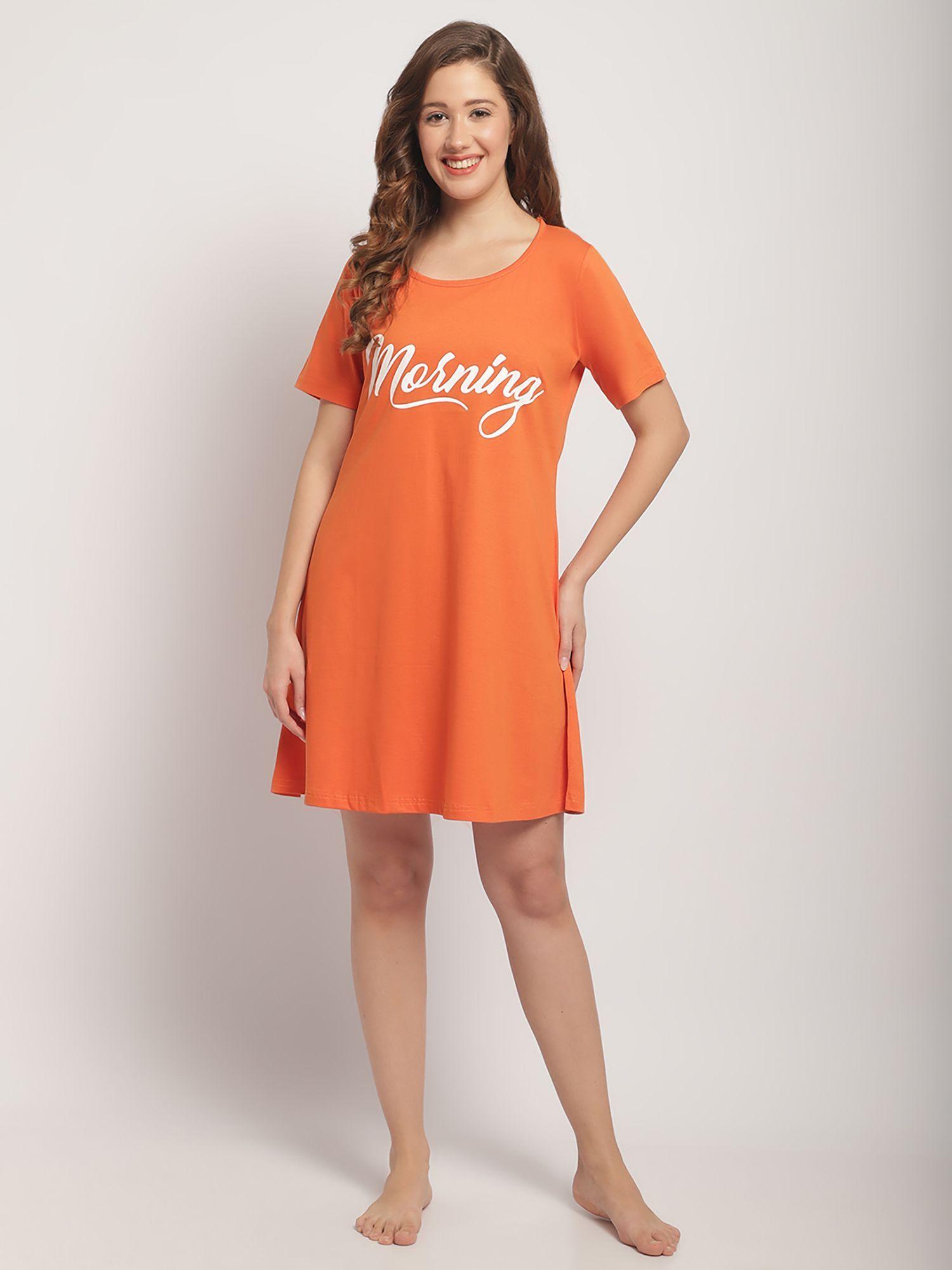 womens orange cotton printed short nightdress