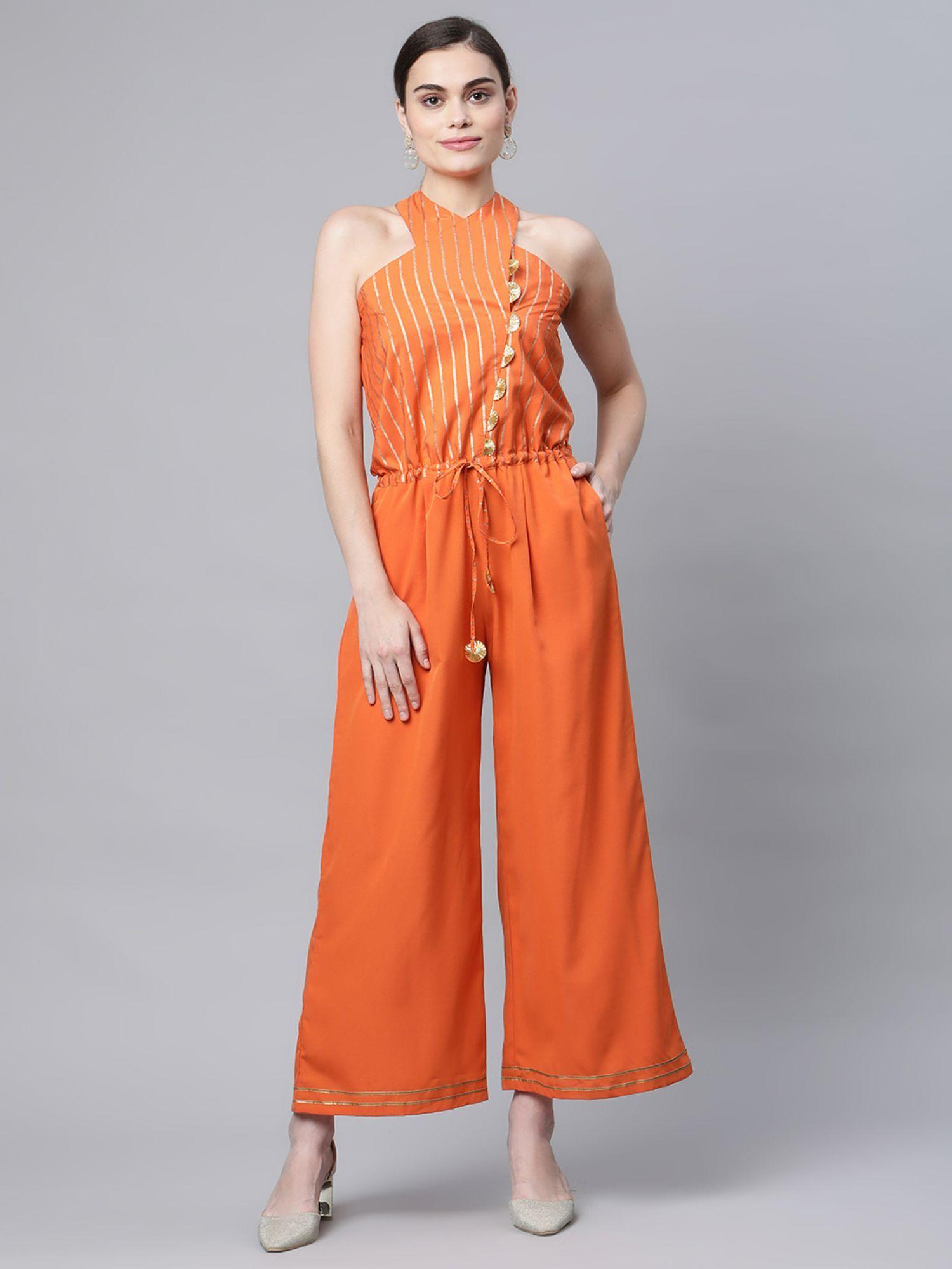 womens orange crepe gold stripped print jumpsuit