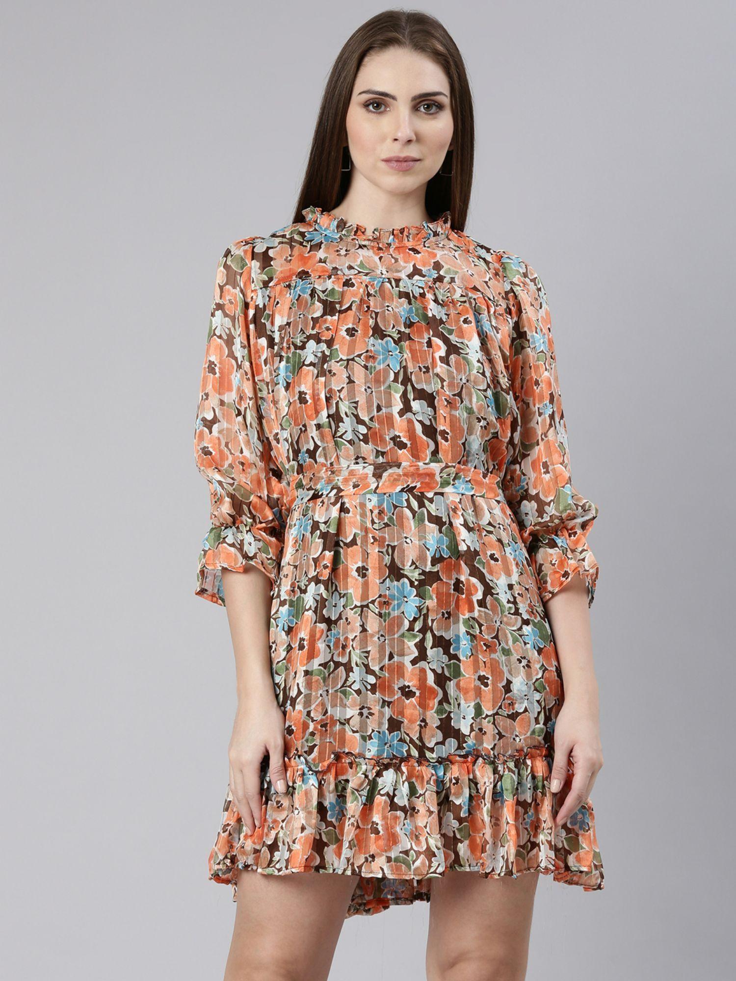 womens orange high neck three quarter sleeves a-line floral mini dress