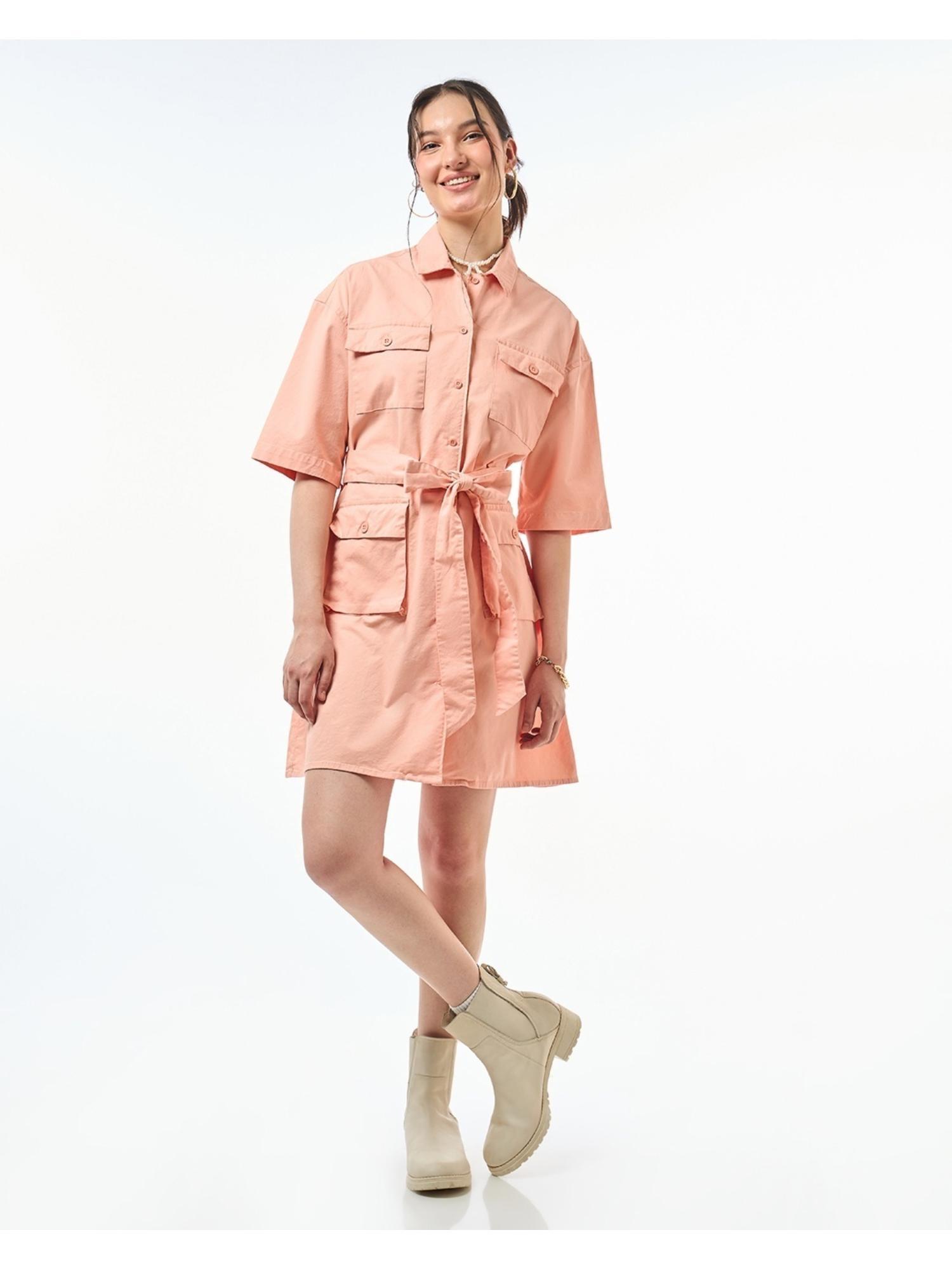 womens orange oversized shirt dress with belt (set of 2)