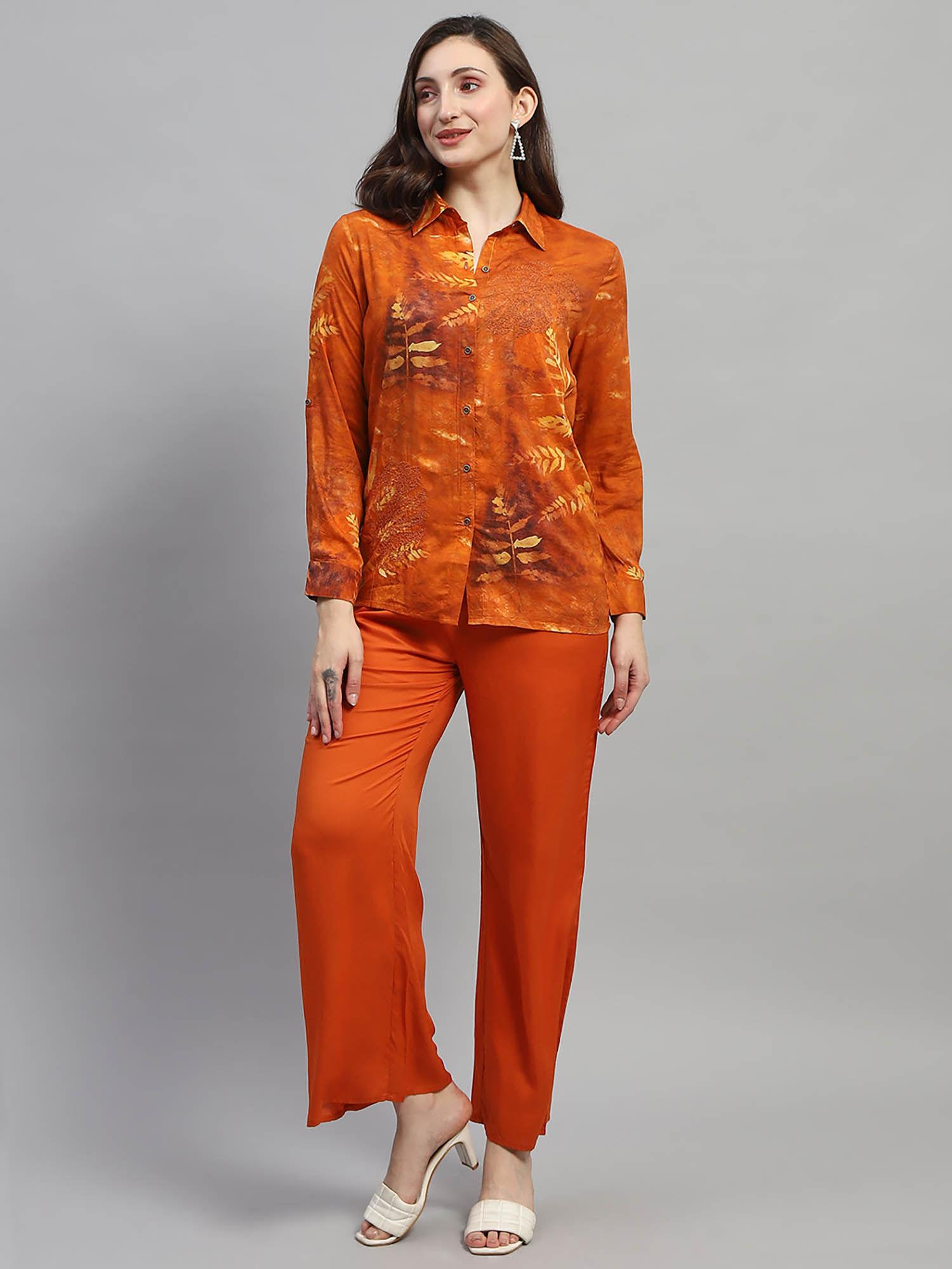 womens orange printed collared neck full sleeve regular fit co-ord (set of 2)