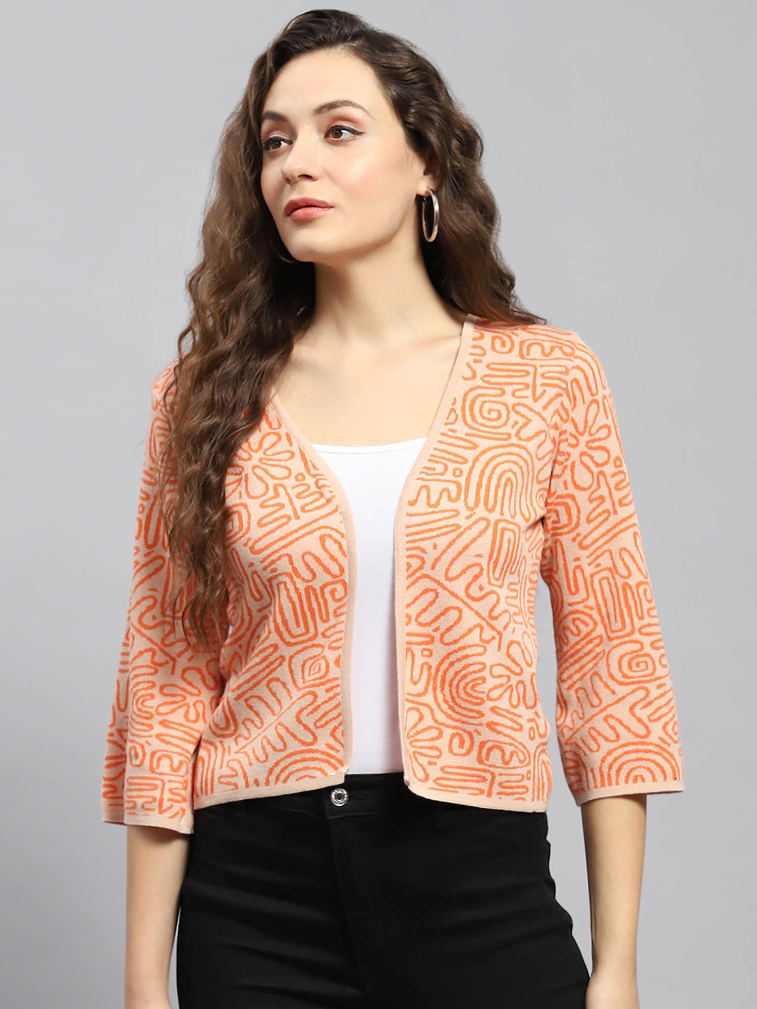 womens orange printed front open shrug