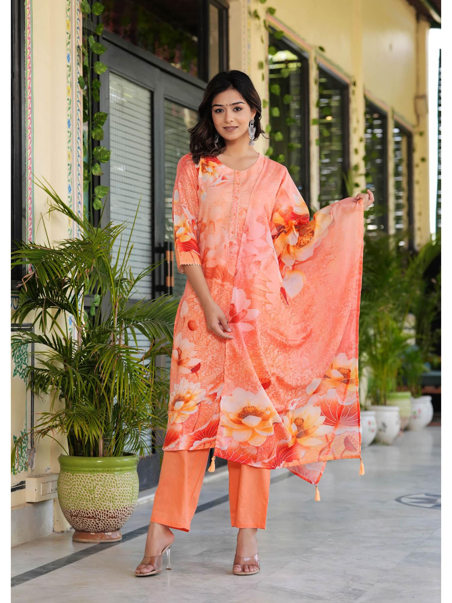 womens orange printed kurta with pant and dupatta (set of 3)