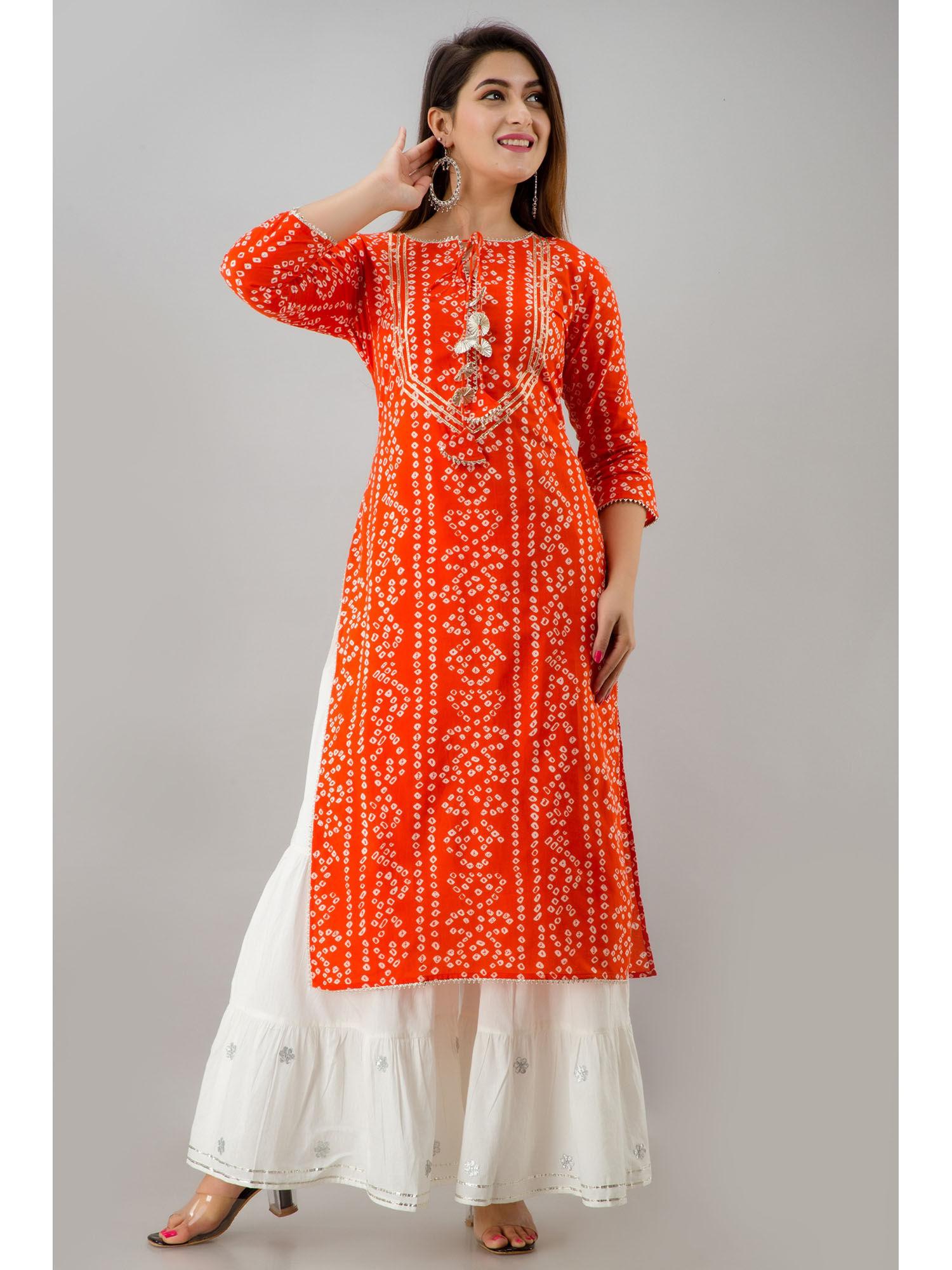 womens orange rayon bandhej print straight kurta