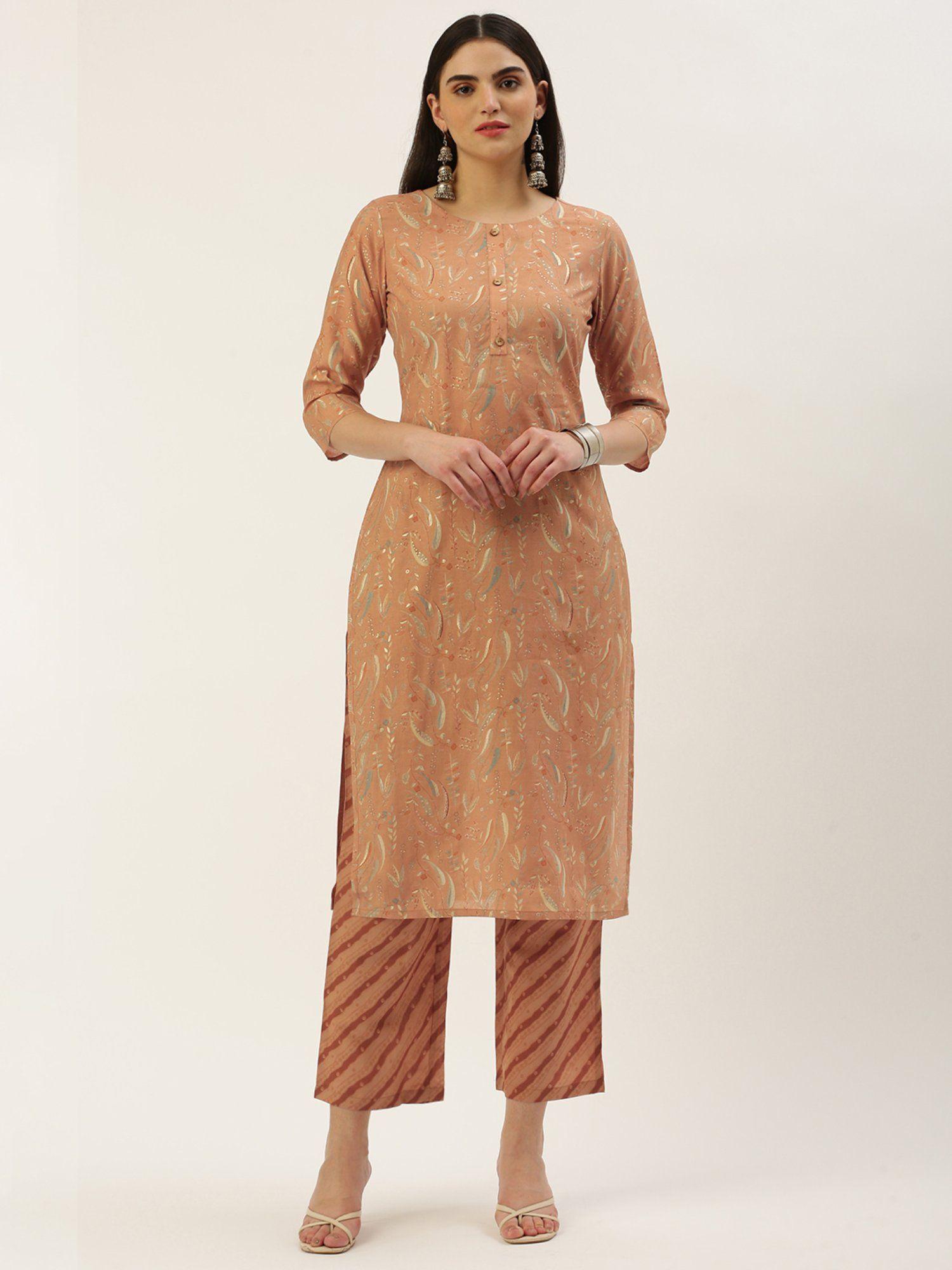 womens orange rayon floral printed & foil printed straight kurta with pant (set of 2)
