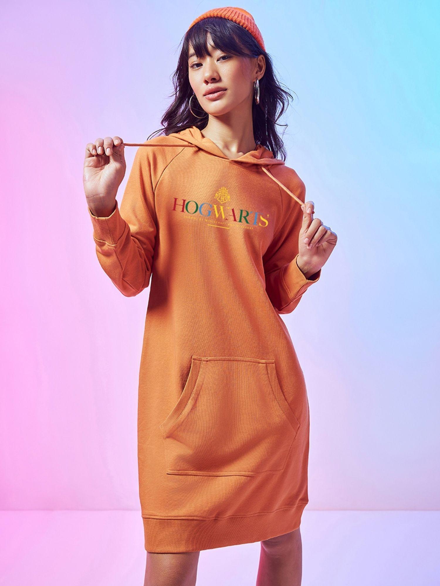 womens orange school of witchcraft graphic printed hoodie dress
