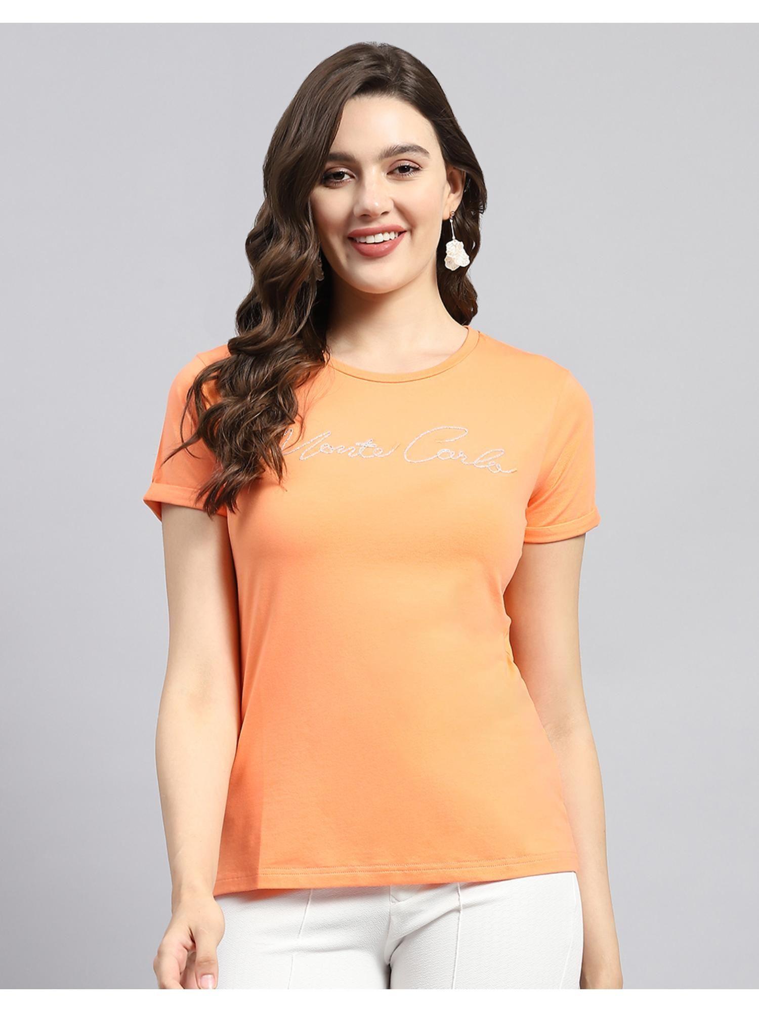 womens orange solid round neck half sleeve t-shirt