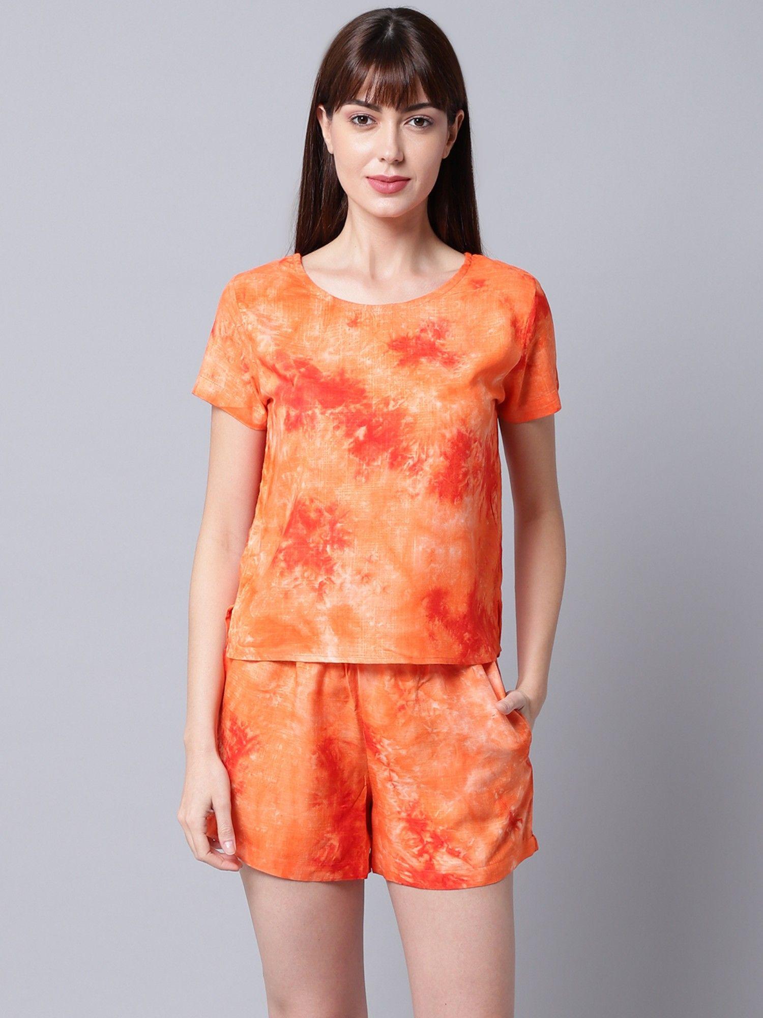 womens orange tie & dye night suit (set of 2)