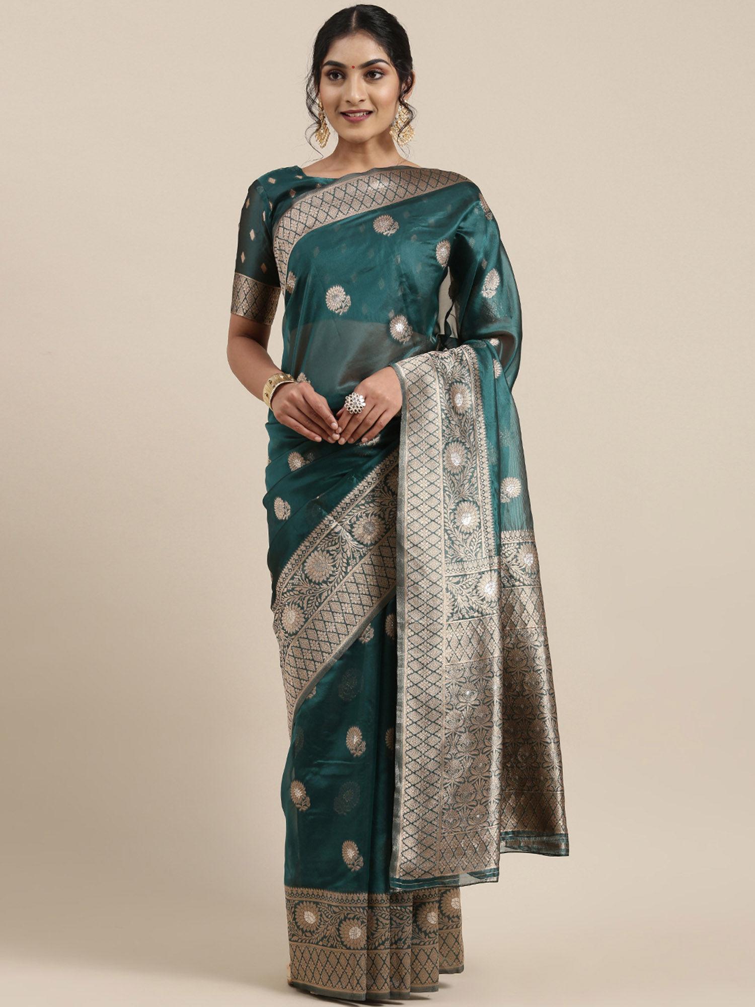womens organza teal blue woven design celebrity saree with unstitched blouse