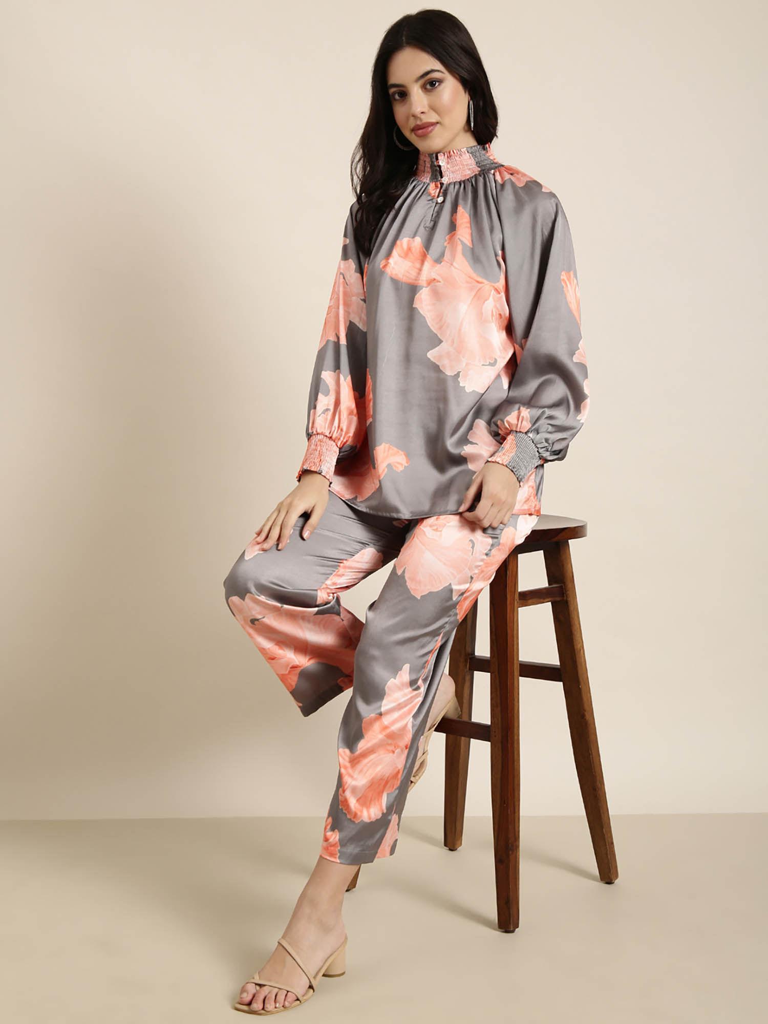 womens oversized high neck grey printed top & trousers (set of 2)